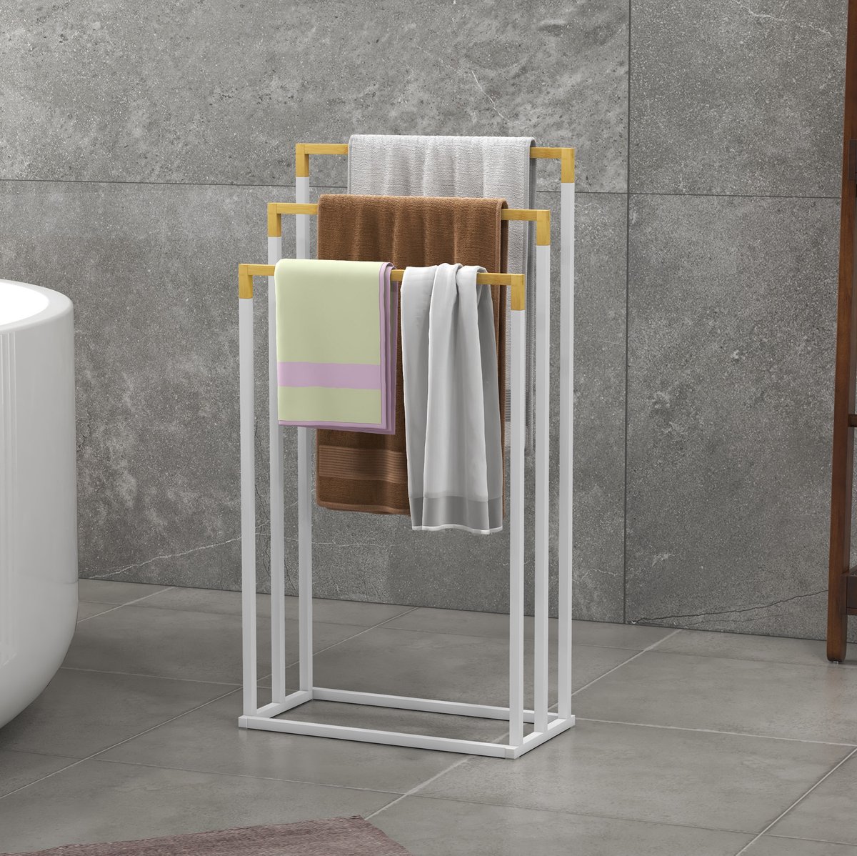 REDOM - Vrijstaand handdoekenrek - 3 stangen - Vrijstaand zonder boren - Voor badkamer en douche - Bamboe en staal - Wit - 45 x 22,5 x 86 cm