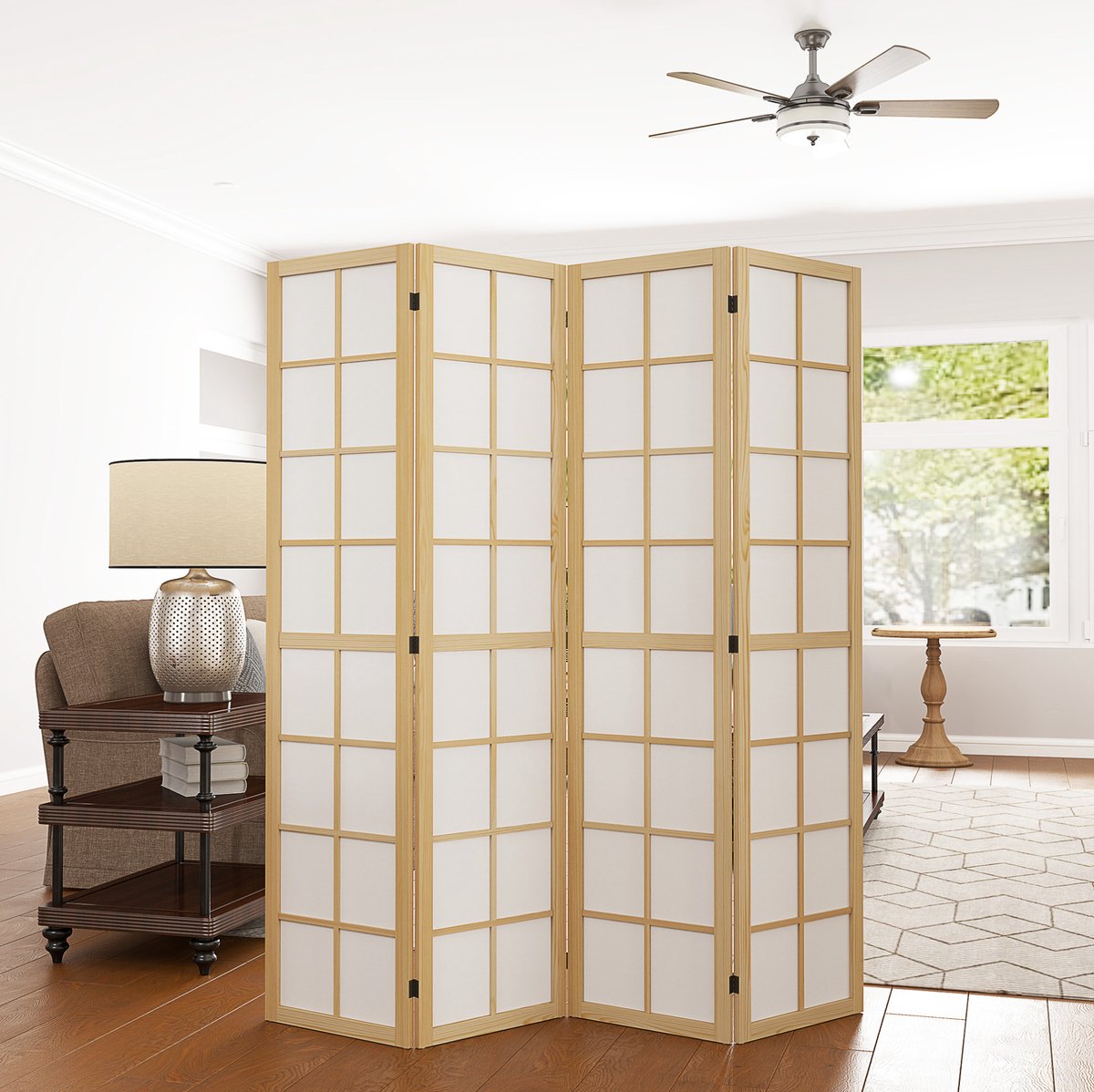 REDOM - Kamerscherm - 4-delig opvouwbaar - Gitterdesign - Privacy scherm - Scandinavische stijl - Woonkamer slaapkamer kantoor - Hout en stof - Natuurlijk hout - 160 x 170 cm