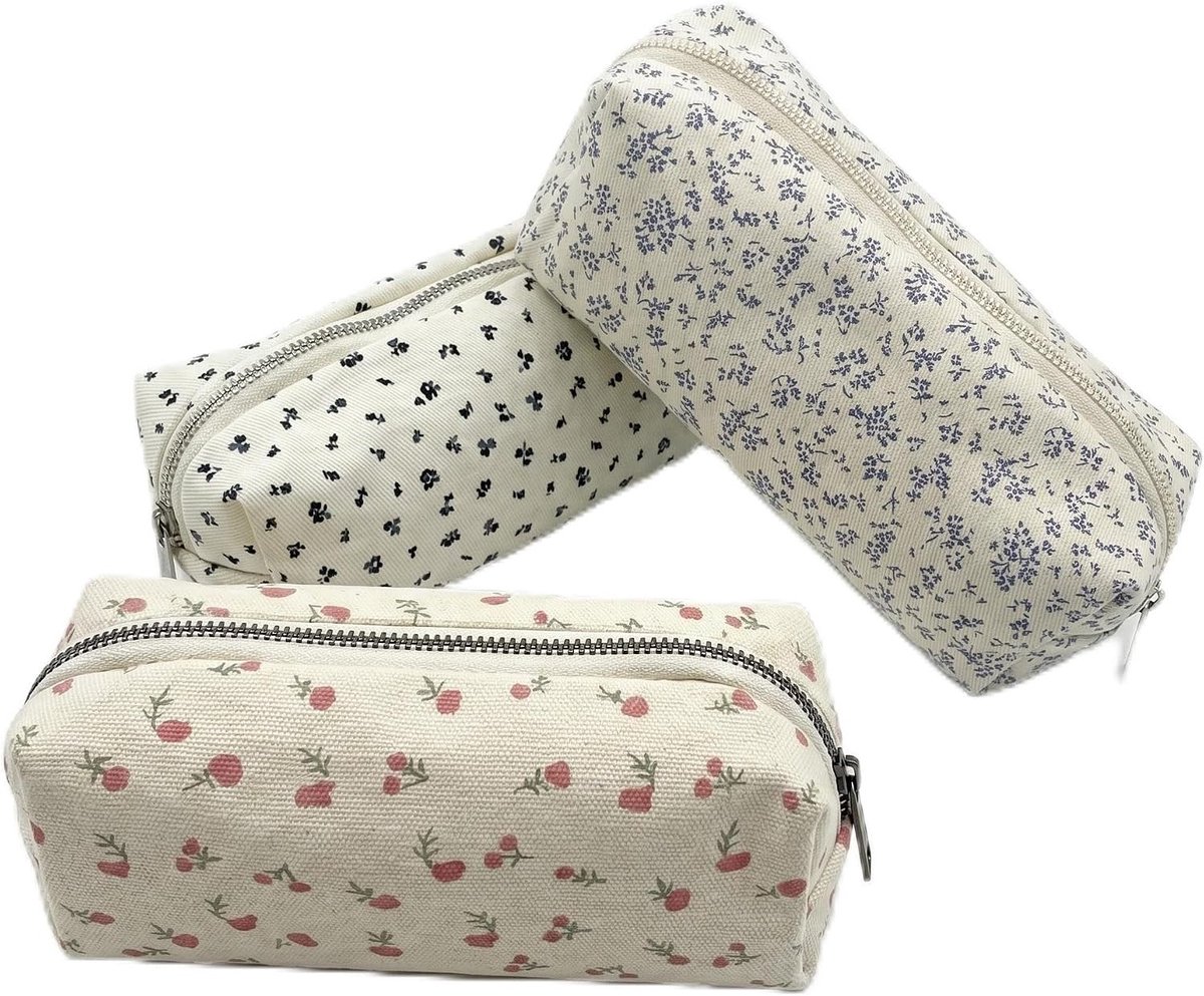 3 Pennenhouders met Zacht Bloemenpatroon, Rits Organizer voor Bureau, Geschikt voor School en Kantoor, Multifunctionele Make-up Tas en Muntentas