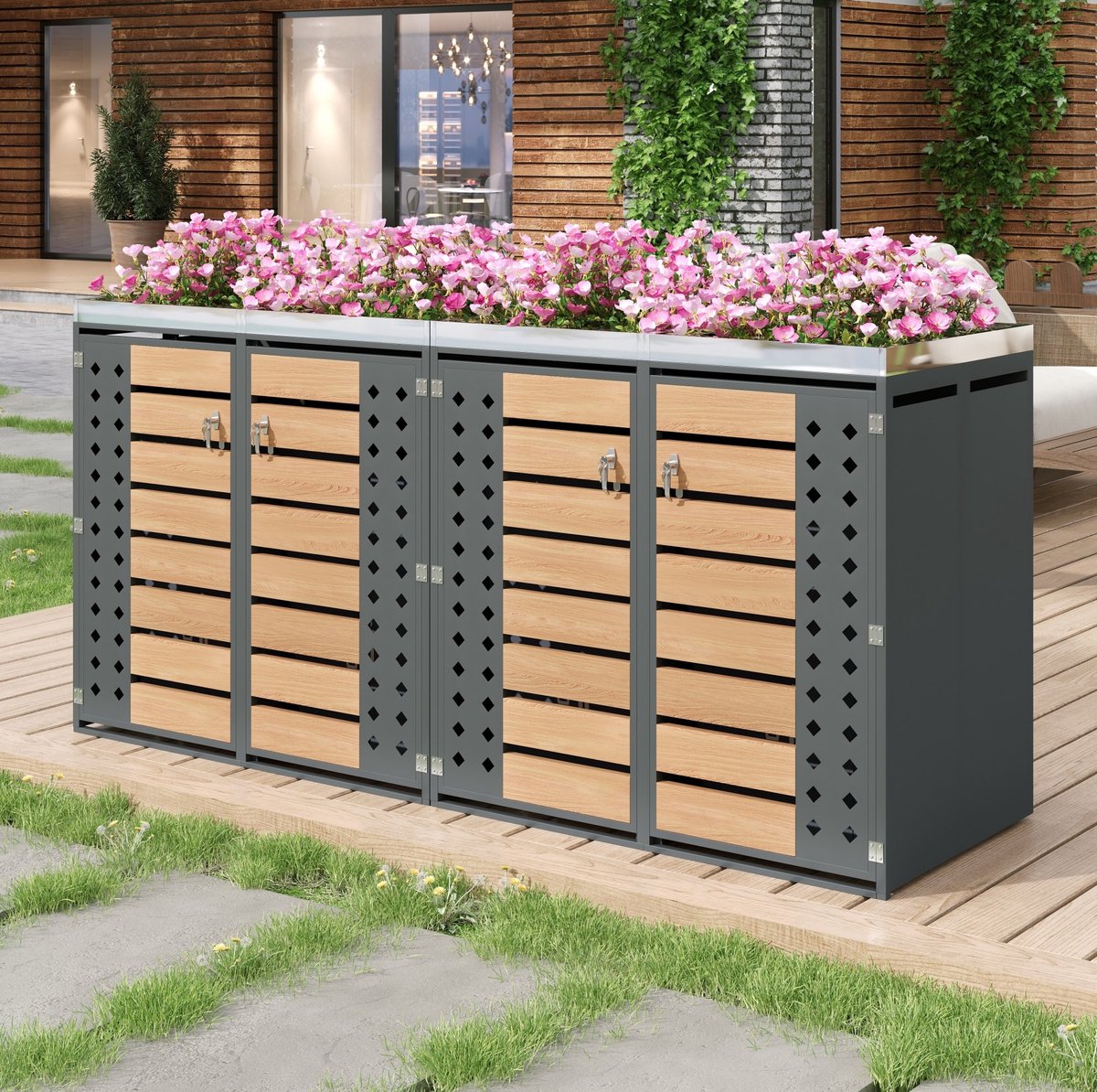 COVREO Containerberging 132x80x124,5 cm grijs metaal, 4 vakken met plantvak