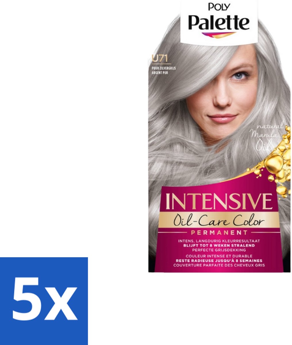 5 x Poly Palette – Haarverf – U71 Puur Zilvergrijs – 115 ml - Grijs Haar Kleuren - Zilvergrijs Haar - Intens Grijs - Zilverreflectie - Haarkleuring