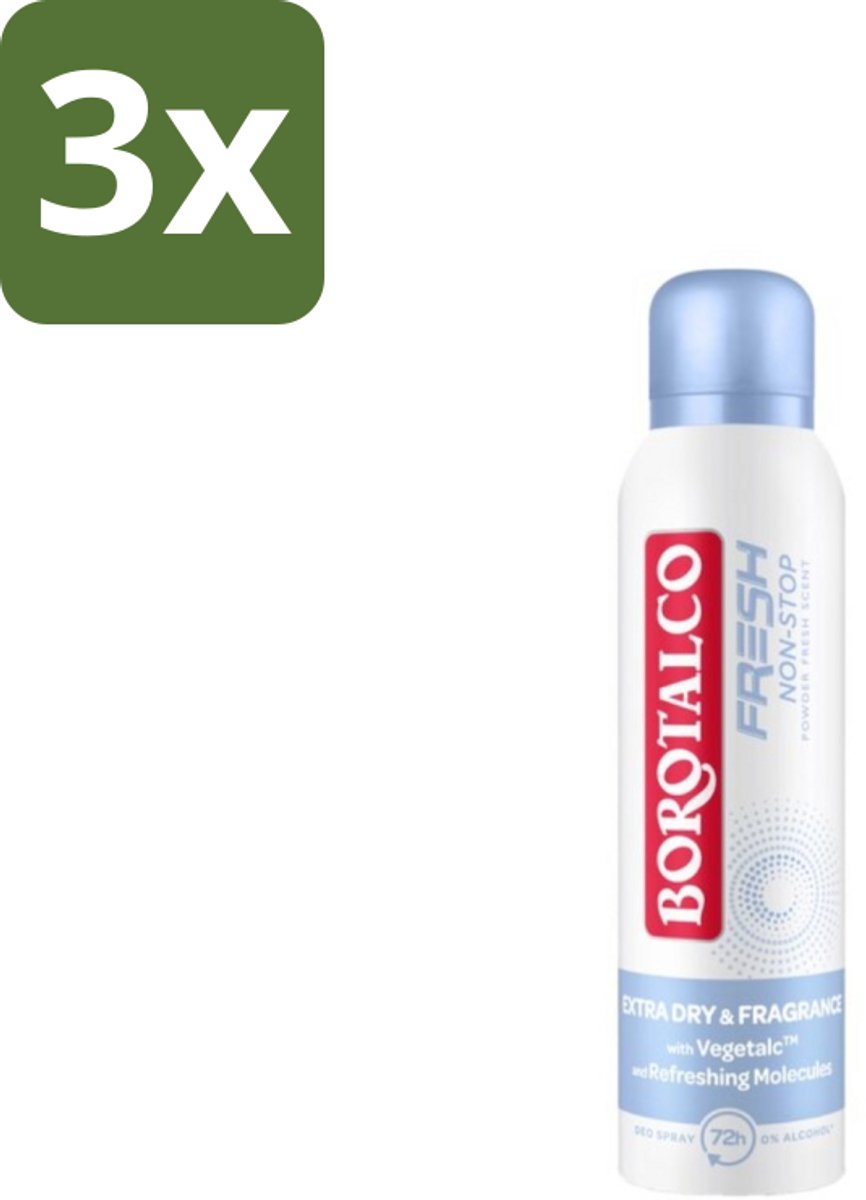 3 x Borotalco – Deodorant Spray – Fresh Non-Stop – 150 ml - Frisheid - Zweetbestendig - Menthol - Koel Gevoel - Deodorant Spray