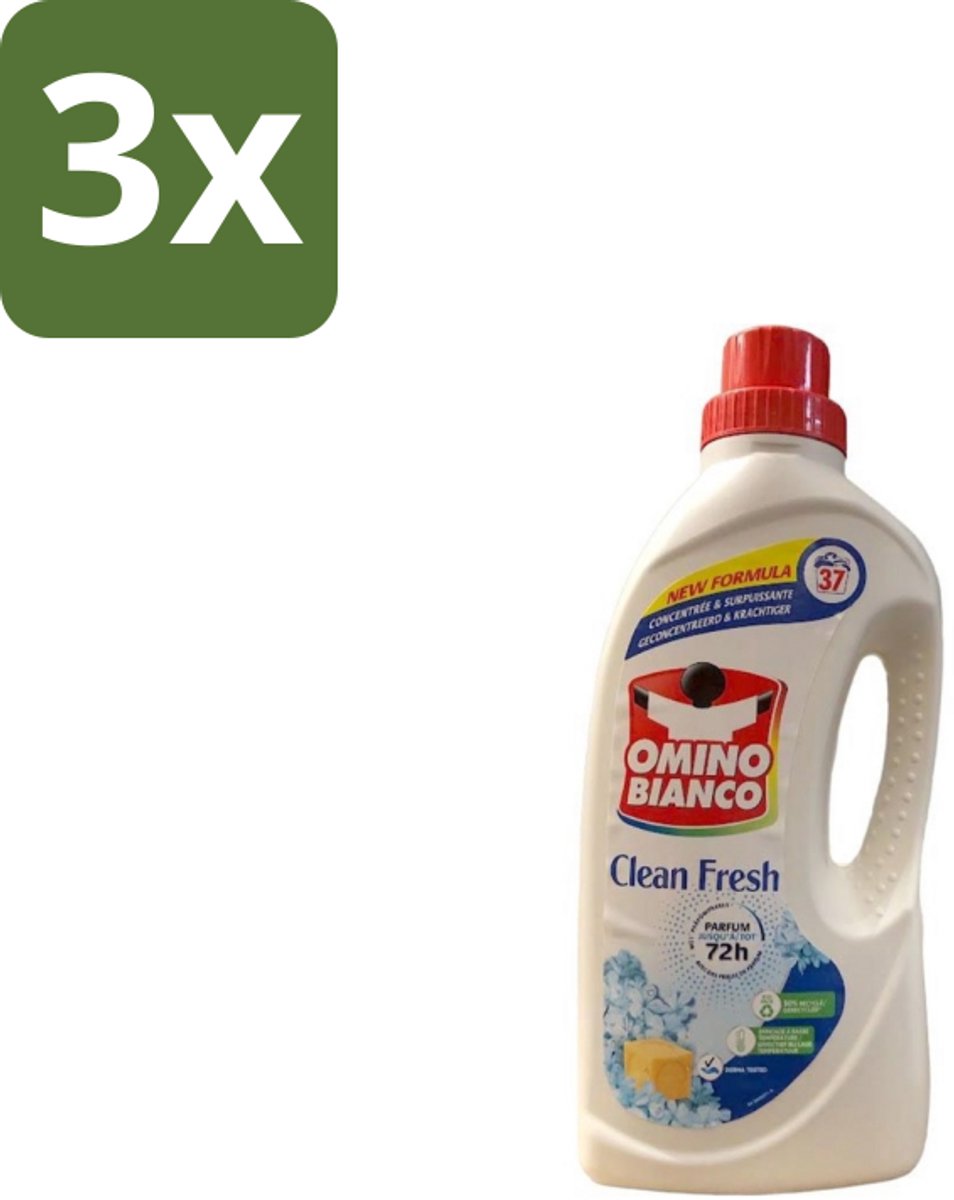 3 x Omino Bianco – Vloeibaar Wasmiddel – Clean Fresh – 1000 ml - Wasmiddel - Kleurbeschermer - Natuurlijke Zeep - Anti-kleurdoorloop - Geconcentreerd Wasmiddel