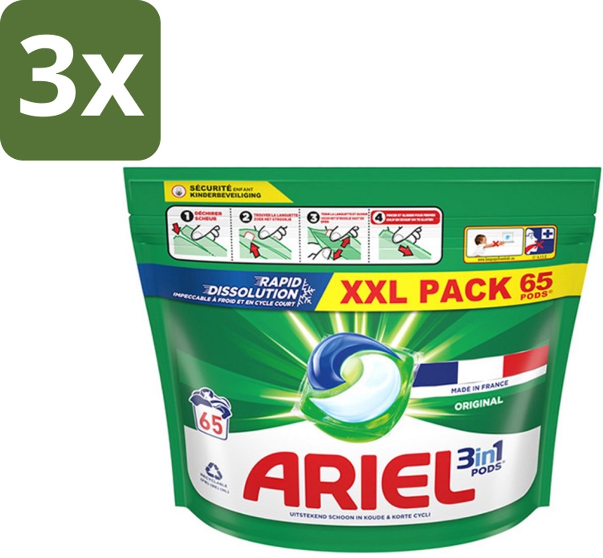 3 x Ariel – Pods All-in-1 – Original – 65 wasbeurten - Ariel All-in-1 Pods - Wasmiddel Pods - Krachtige Reiniging - Vlekverwijdering - Kleurbehoud