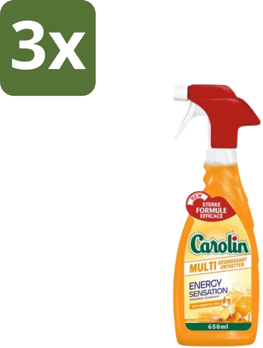 3 x Carolin – Keukenreiniger – Multi Ontvetter Energy Sensation – 650 ml - Keukenreiniger - Vet Verwijderen - Ontvetter - Keuken Schoonmaken - Aangebakken Resten