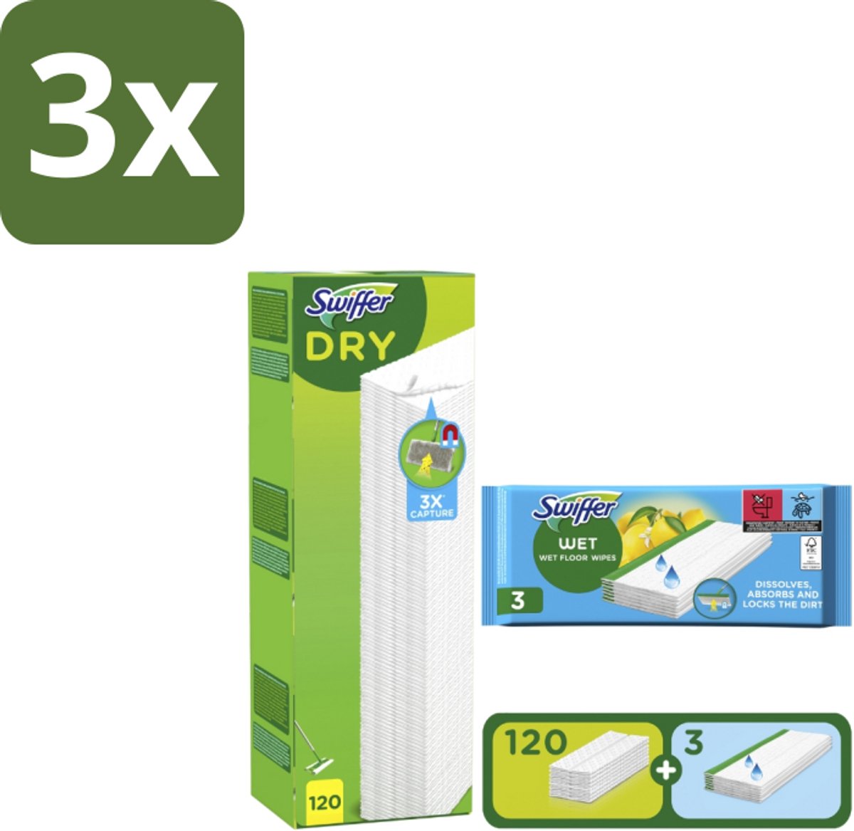 3 x Swiffer – Vloerdoekjes – Dry Navullingen 120 + 3 Vochtige Doekjes - Vloerdoekjes - Schoonmaken - Stofzuigen - Stof Verwijderen - Huidige Vloer