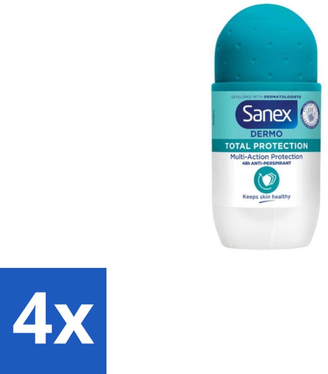 4 x Sanex – Deodorant Roll-On – Dermo Total Protection – 50 ml - Douche - Deodorant Roll-on - Zweetvermindering - Geurvermindering - Huidbescherming