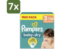 7 x Pampers – Luiers – Baby-Dry Trio Pack Maat 3 (6-10 kg) – 156 Luiers - Baby Luiers - Droge Luiers - Anti-lek Luiers - Baby Droogheid - Nachtluier