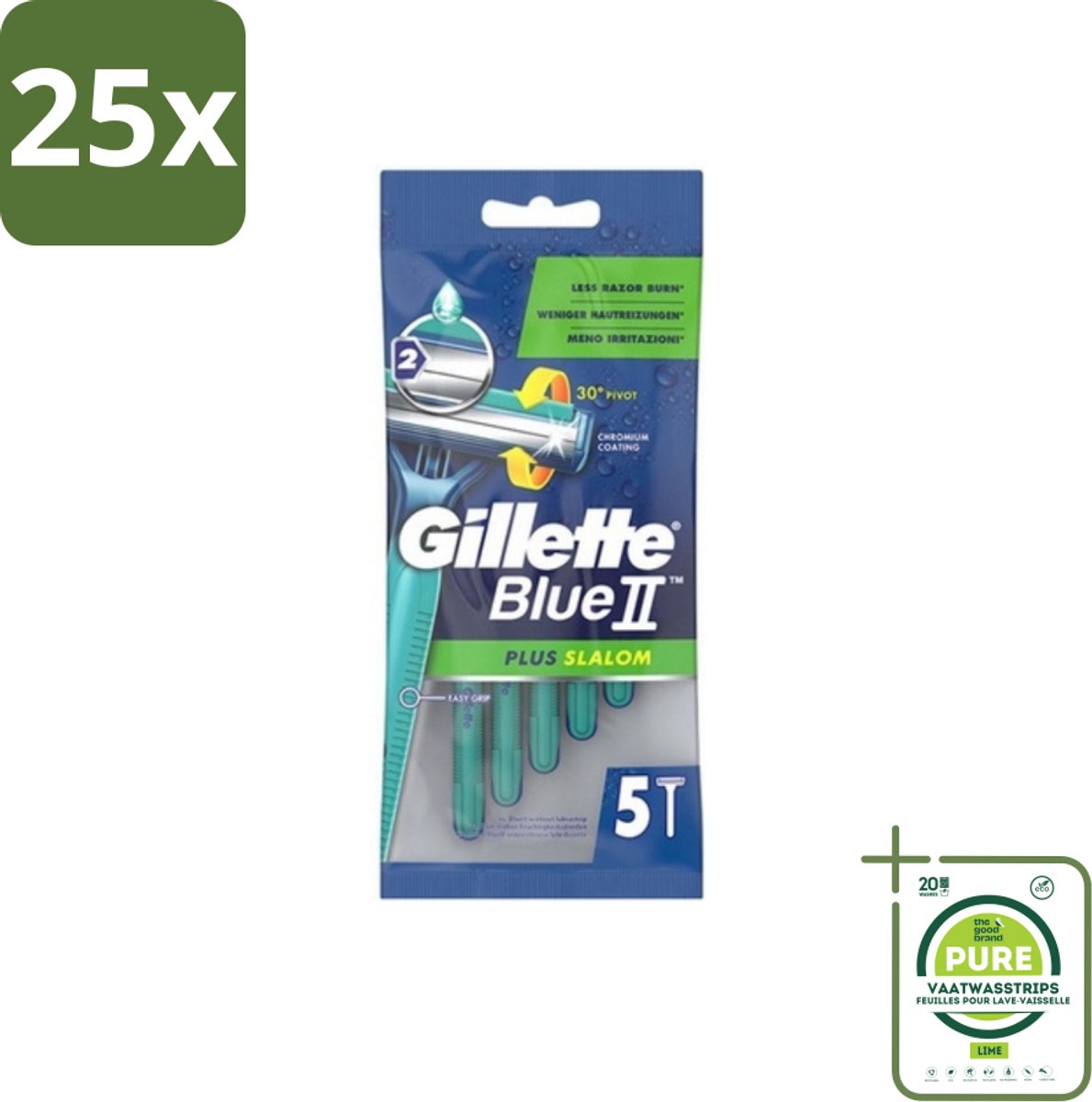 25 x Gillette Blue II - Plus Slalom - Wegwerpscheermesjes - 5 Scheermesjes - Grootverpakking - Wegwerp Scheermesjes - Scheermesjes Voor Mannen - Gillette Blue II - Scheermesjes - Scheermesjes Met Lubrifiant