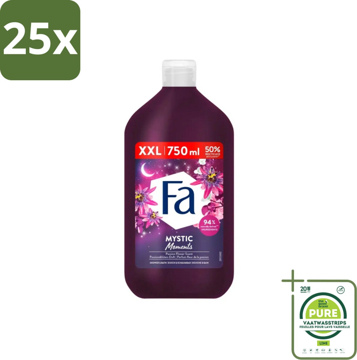25 x Fa - Mystic Moments - Bad- & Douchegel - Passiebloem - 750 ml - Grootverpakking - Badgel - Douchegel - Passiebloem - Sheaboter - Verzorging