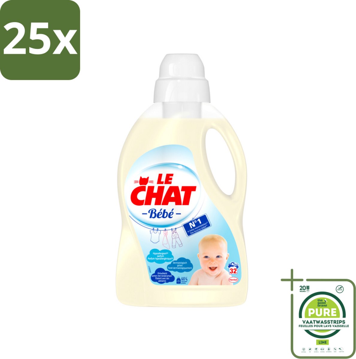 25 x Le Chat Vloeibaar Wasmiddel Bébé 32 Wasbeurten 1440 ml - Grootverpakking - Babywasmiddel - Hypoallergeen - Babyvlekken - Wasmiddel Voor Baby's - Babywas