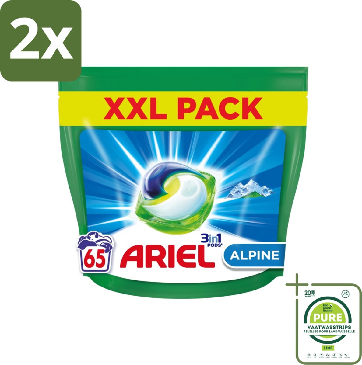 Ariel – Pods 3in1 – Alpine – 1319 g – 65 wasbeurten - Voordeelverpakking - 2 stuks - Ariel Pods 3in1 Alpine - Wasmiddel pods