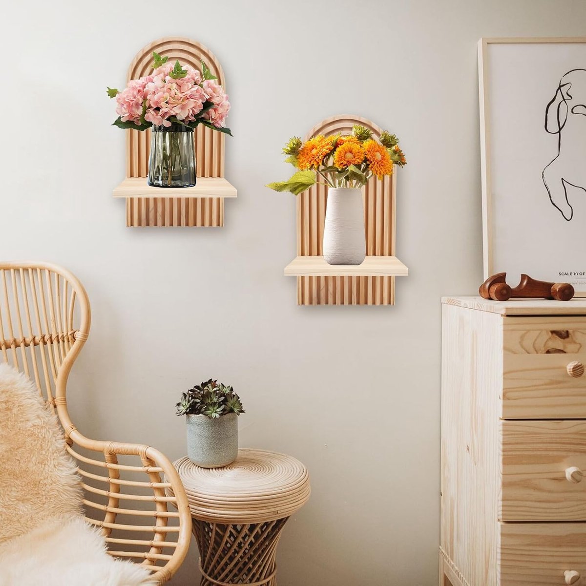 Moderne Bohemian Wandplanken van Hout, 2 Stuks, Drijvende Planken voor Planten en Decoratie in de Woonkamer, Klein Formaat, Ruimtebesparend en Stijlvol