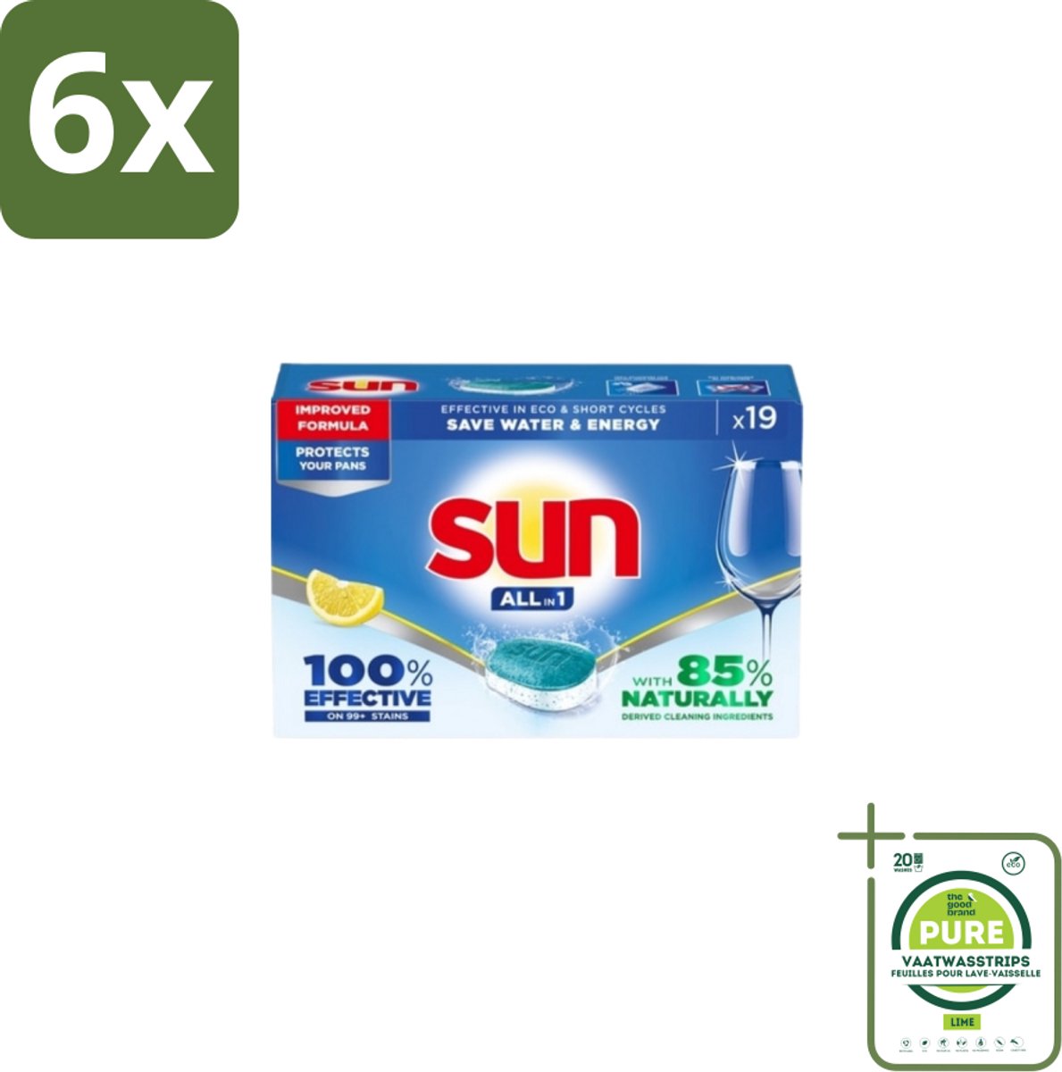 Sun – Vaatwastabletten – All-in-1 Citroen – 19 tabletten - Voordeelverpakking - 6 stuks - Vaatwastabletten citroen - Vaatwasmiddel citroen