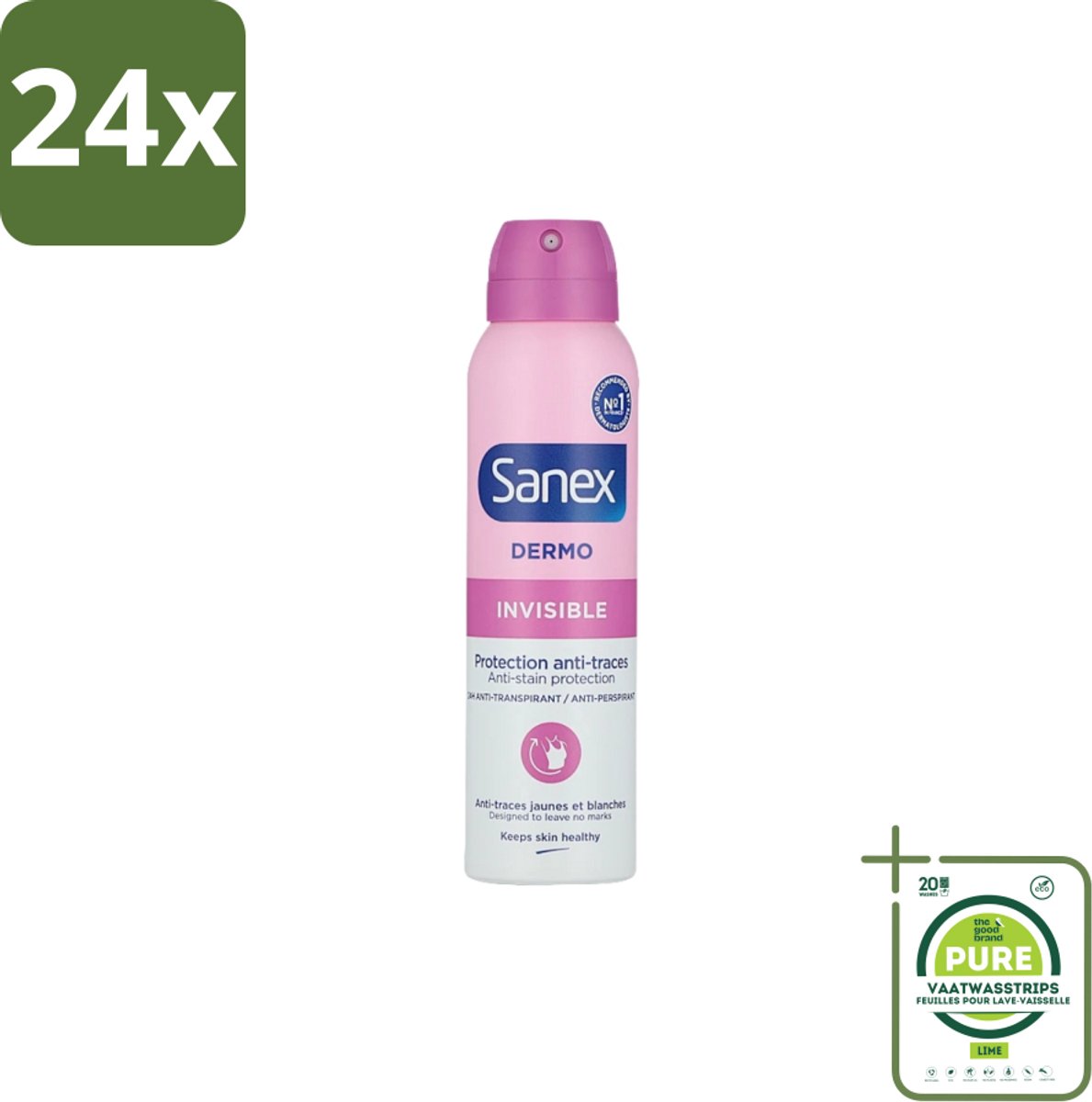 Sanex – Deodorant Spray – Dermo Invisible – 150 ml - Voordeelverpakking - 24 stuks - Onzezichtbare deodorant - Deodorant spray