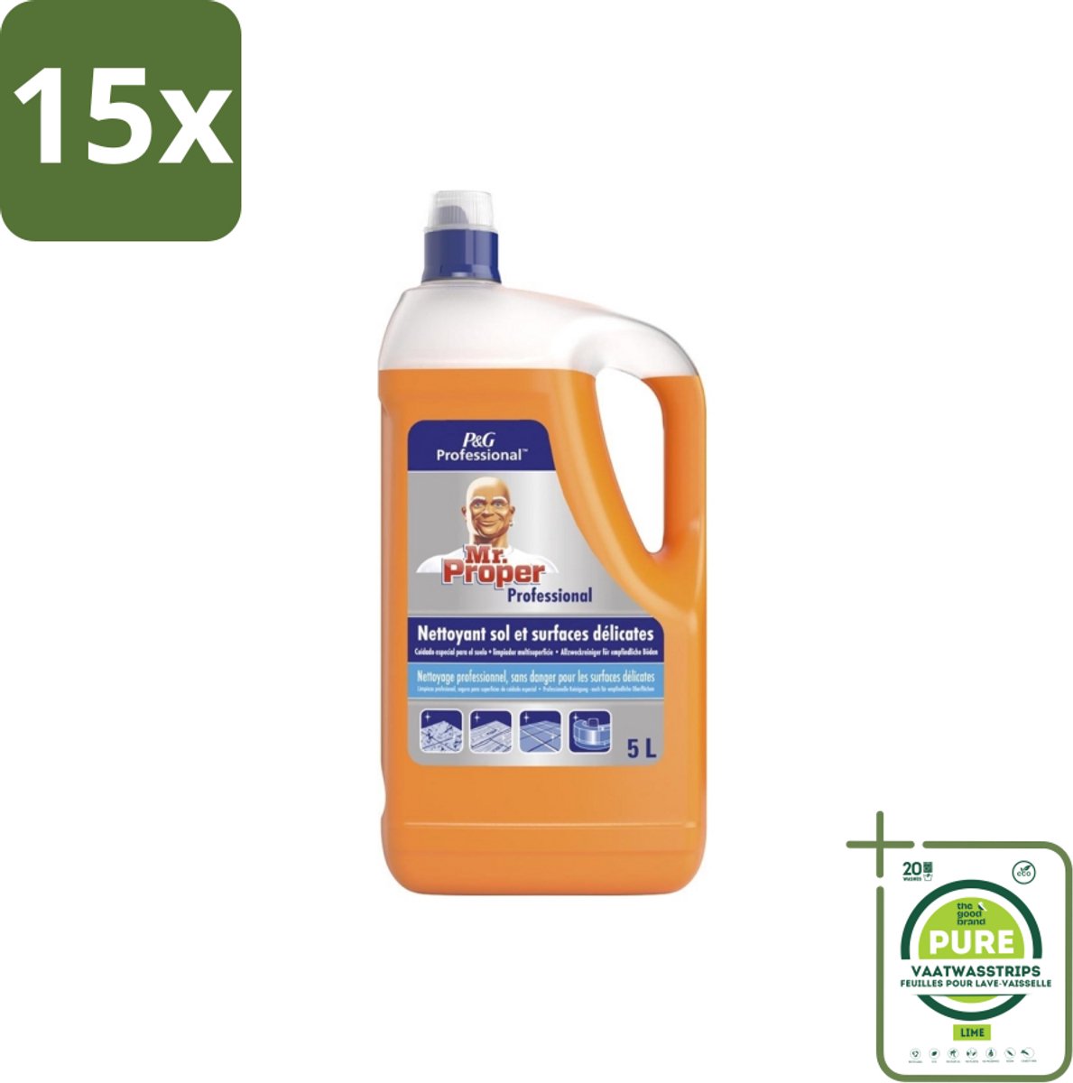 15 x Mr. Proper – Allesreiniger – Professional Delicate – 5 L - Grootverpakking - Allesreiniger - Vet Verwijderen - Vuil Verwijderen - Vlek Verwijderen - Hygiëne