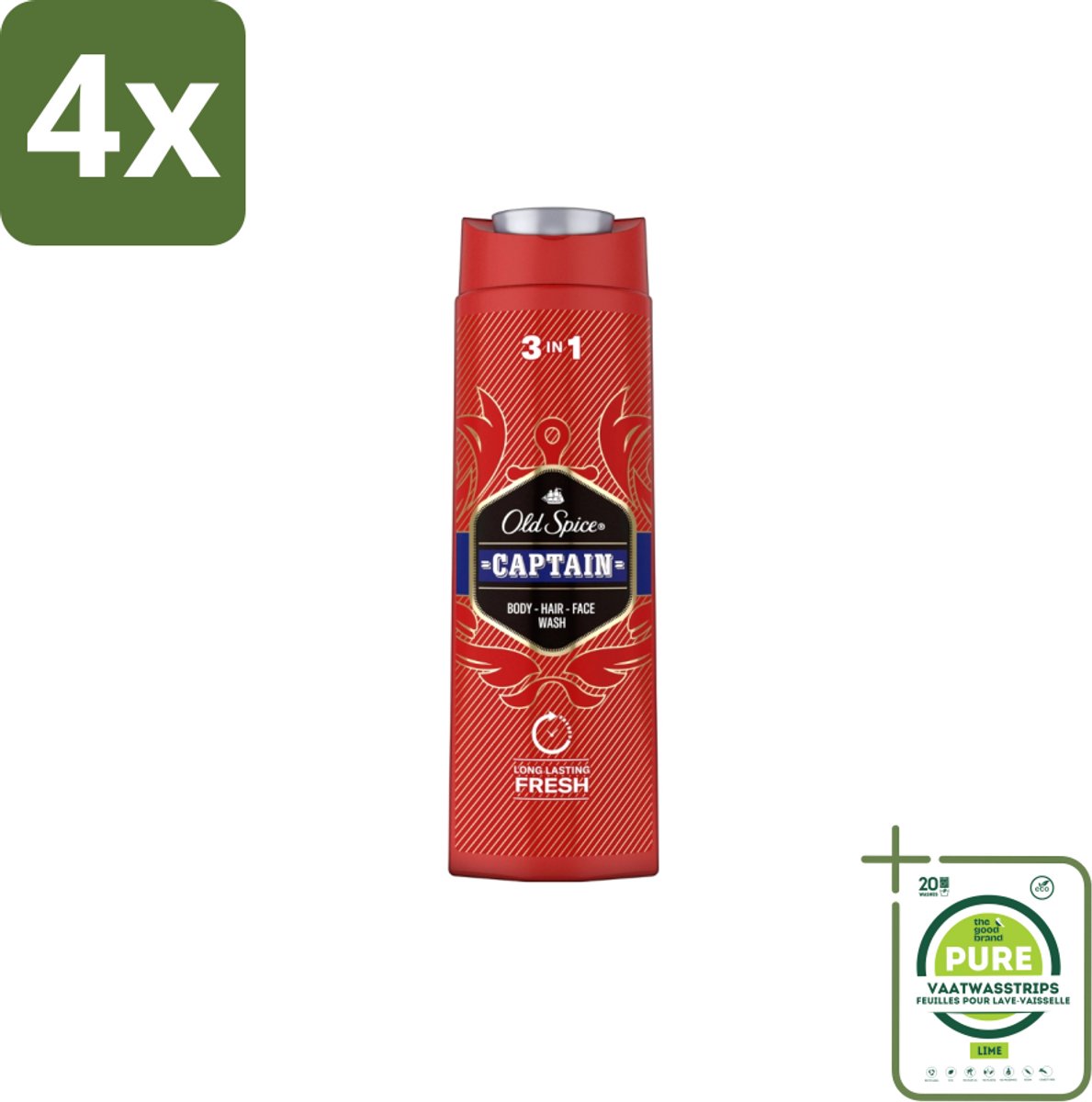 Old Spice – Douchegel – Captain – 400 ml - Voordeelverpakking - 4 stuks - Douchegel voor mannen - Gezichtsreiniging