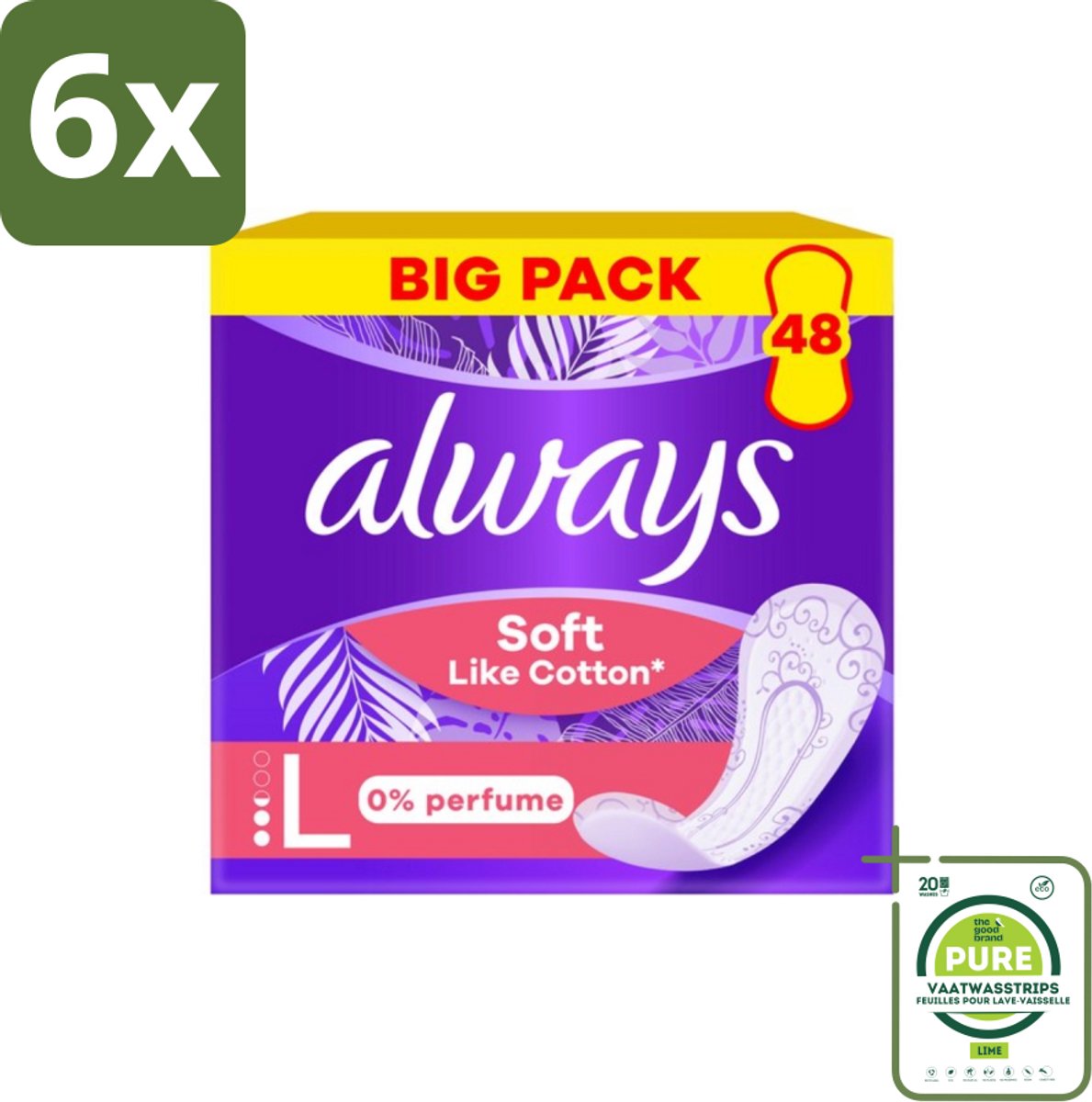 Always – Inlegkruisjes – Soft Like Cotton Long 0% Parfum – 48 Inlegkruisjes - Voordeelverpakking - 6 stuks - Inlegkruisjes - Always Soft Like Cotton