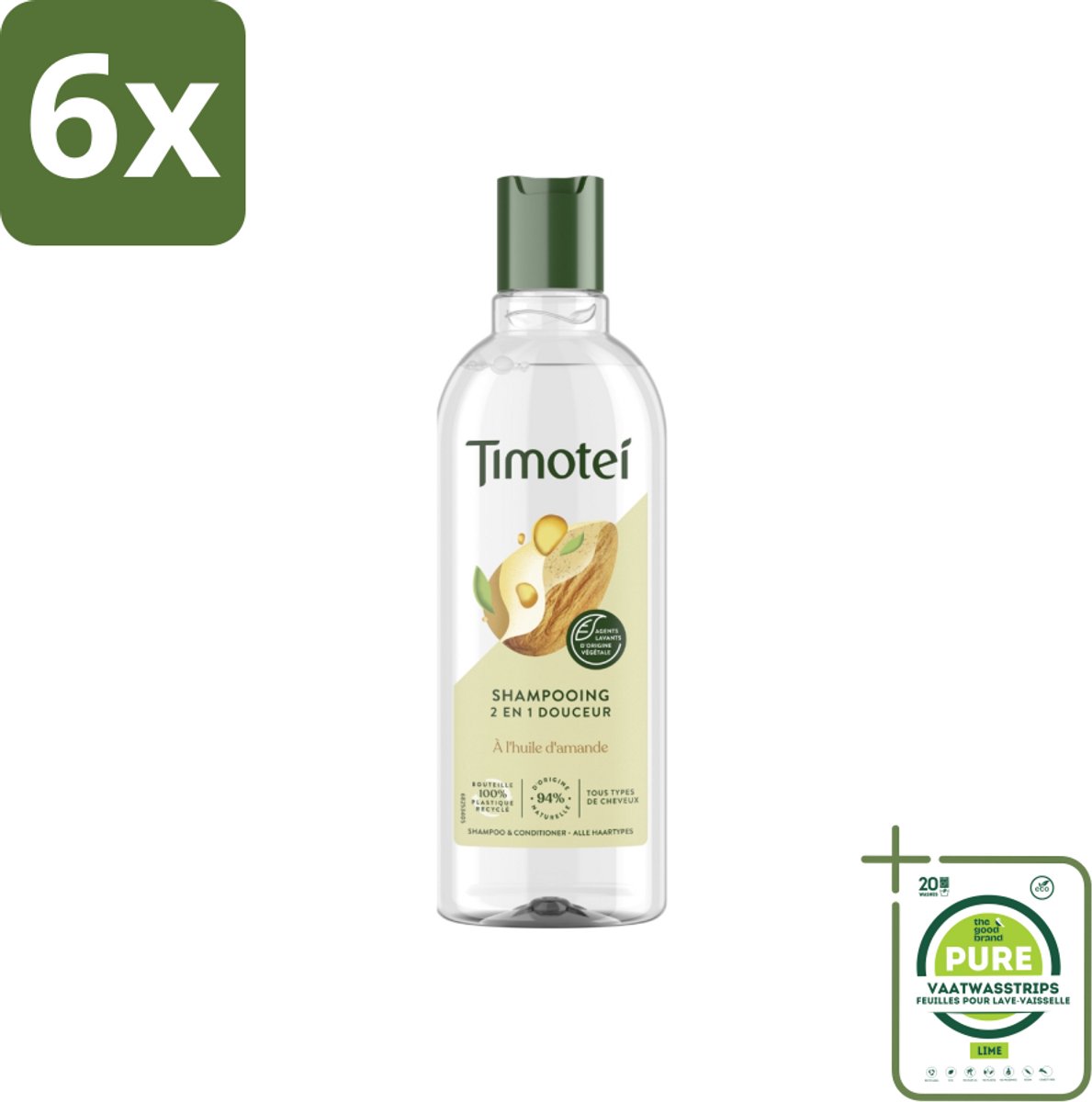 Timotei - Shampoo - Amandelolie - 2in1 - Alle haartypes - 300ml - Voordeelverpakking - 6 stuks - 2in1 shampoo - Shampoo conditioner