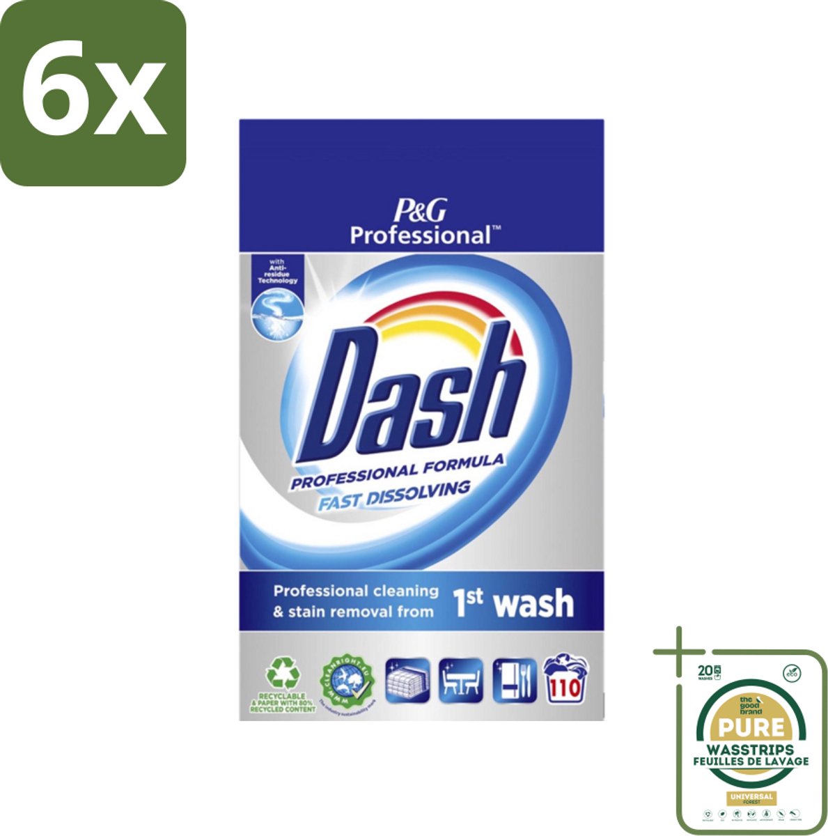 Dash Professional - Snel Oplossend Waspoeder - Witte en Gekleurde Was - 110 Wasbeurten - Voordeelverpakking - 6 stuks - Vlekkenverwijderaar - Professionele was
