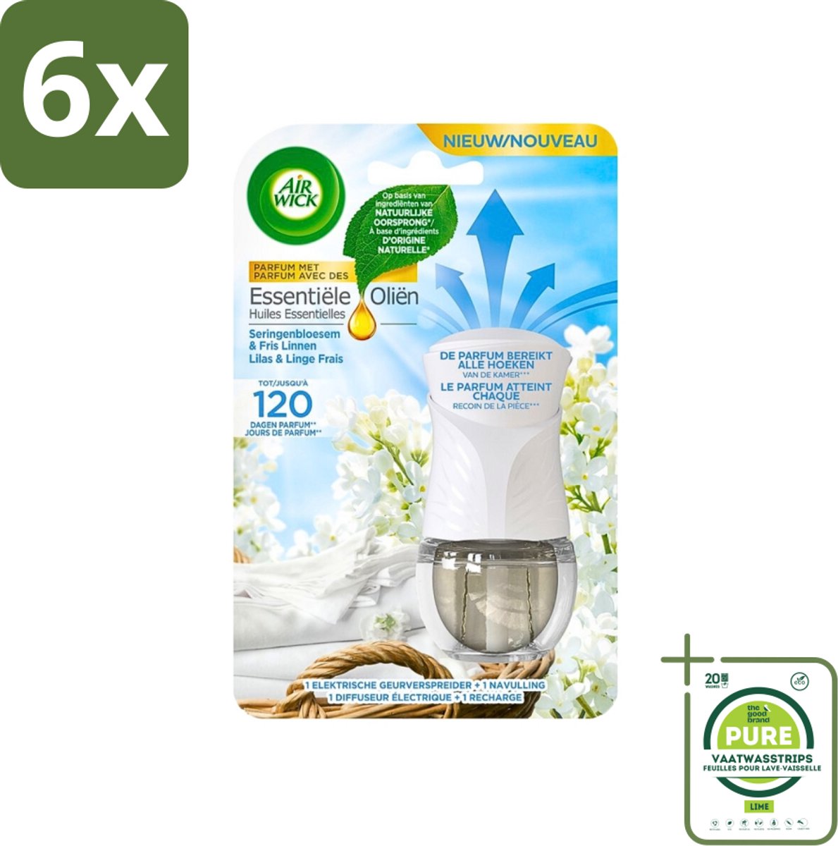 Air Wick Essential Oils - Elektrische Geurverspreider Starterkit - Sering & Fris Linnen - 19ml - Voordeelverpakking - 6 stuks - Luchtverfrisser - Geurverspreider