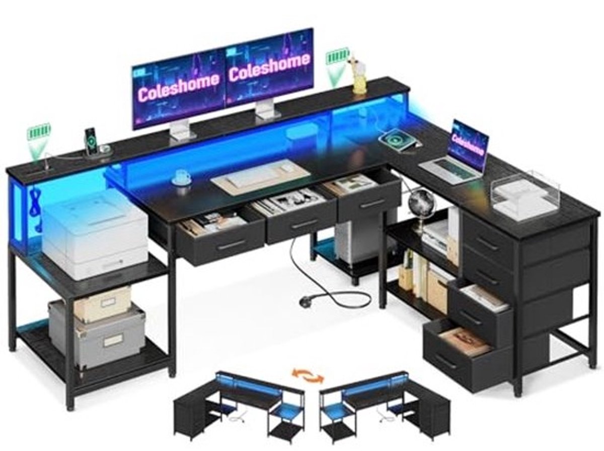 Gamingtafel met Hoekbureau, RGB-LED, 7 Laden en Opbergruimte voor Kantoor en Gaming