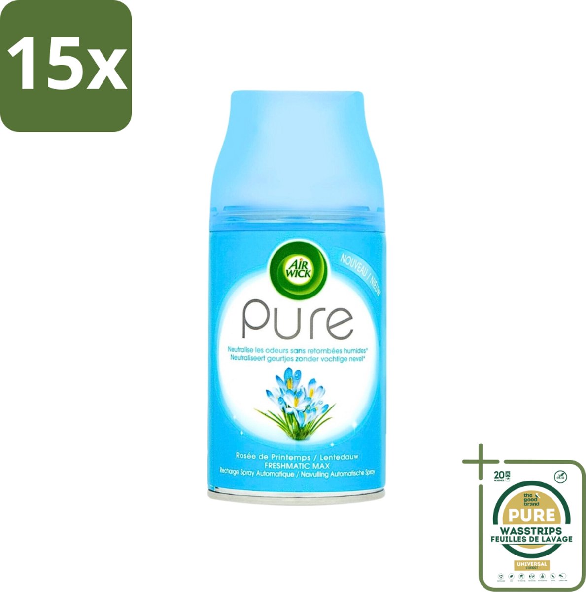 15 x Air Wick Freshmatic Automatische Spray Navulling Pure Lentedauw 250 ml - Grootverpakking - Luchtverfrisser - Lentedauw - Natuurlijke Geur - Geurverspreider - Geurneutralisatie