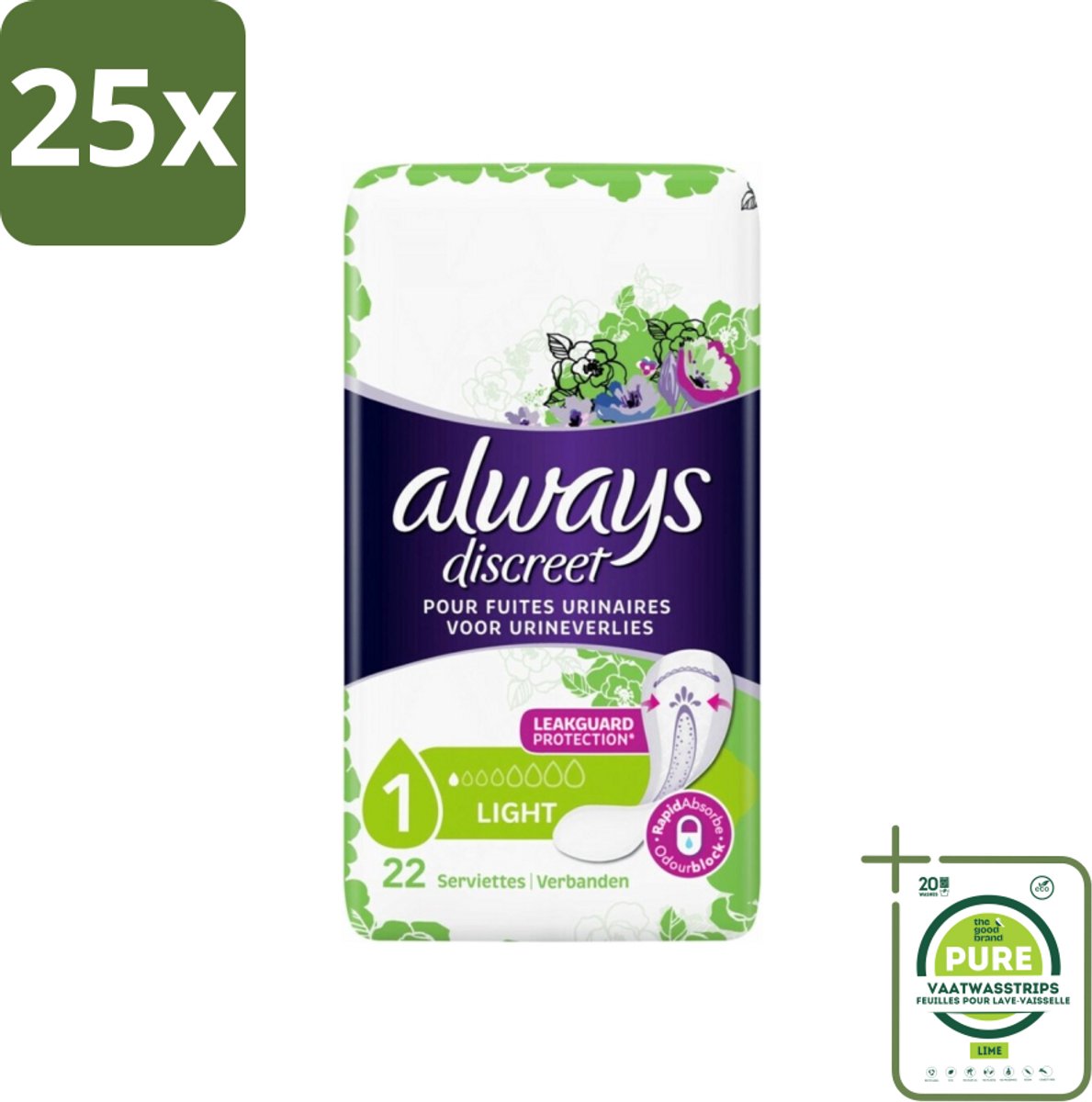 25 x Always Discreet - Maandverband - Lichte Bescherming - 22 Maandverbandjes - Grootverpakking - Always Discreet - Maandverband - Lichte Bescherming - Maandverbanden - Discreet Comfort