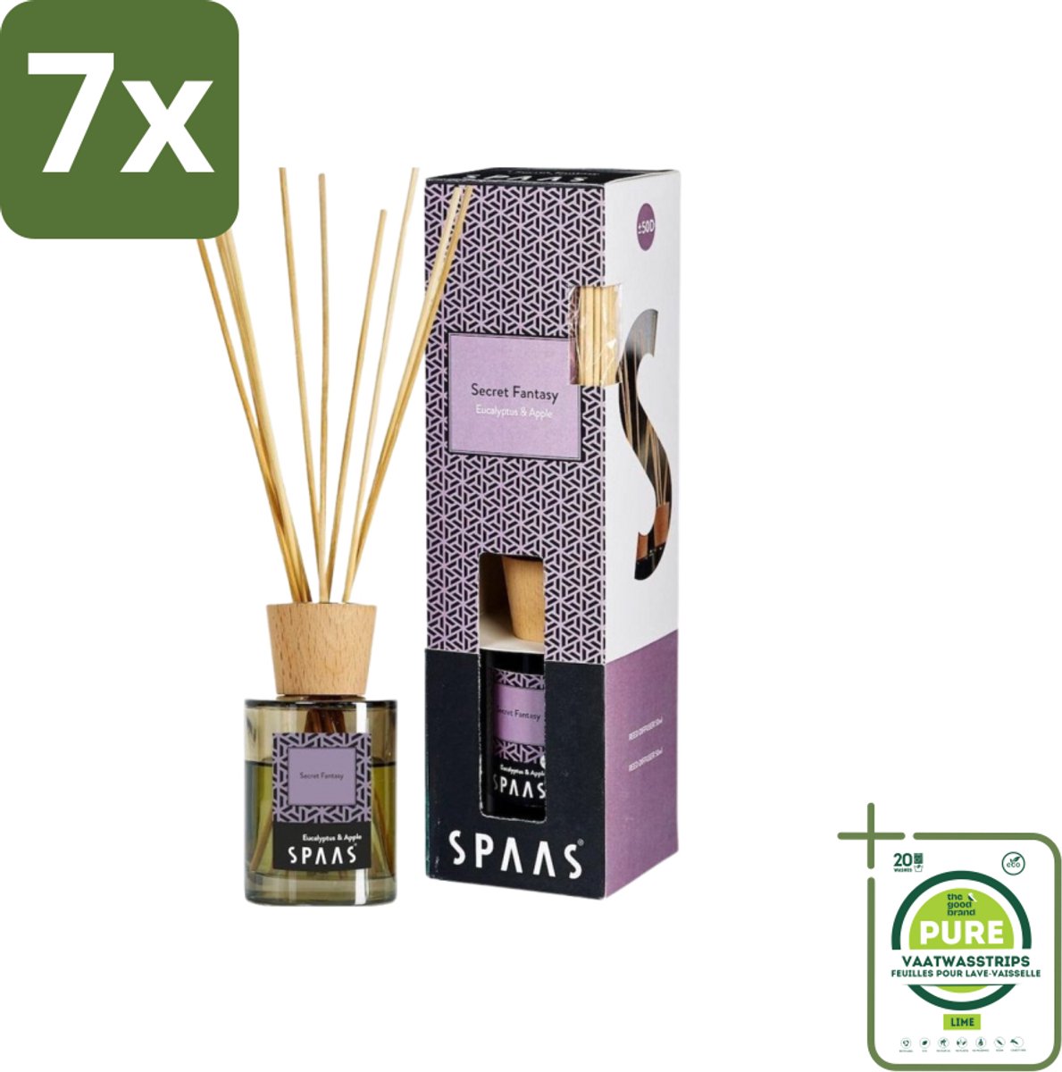 7 x Spaas - Geurstokjes - Secret Fantasy - Eucalyptus En Appel - 80 ml - Grootverpakking - Geurstokjes - Eucalyptus Geur - Appel Geur - Kamergeur - Interieurgeur