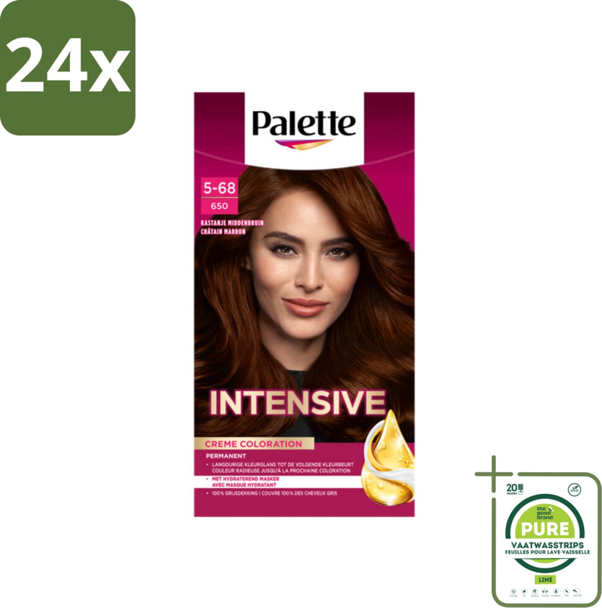 Palette Intensive Oil-Care Color Haarkleuring 650 Kastanje Middenbruin - Voordeelverpakking - 24 stuks - Haarverf - Kastanjebruin