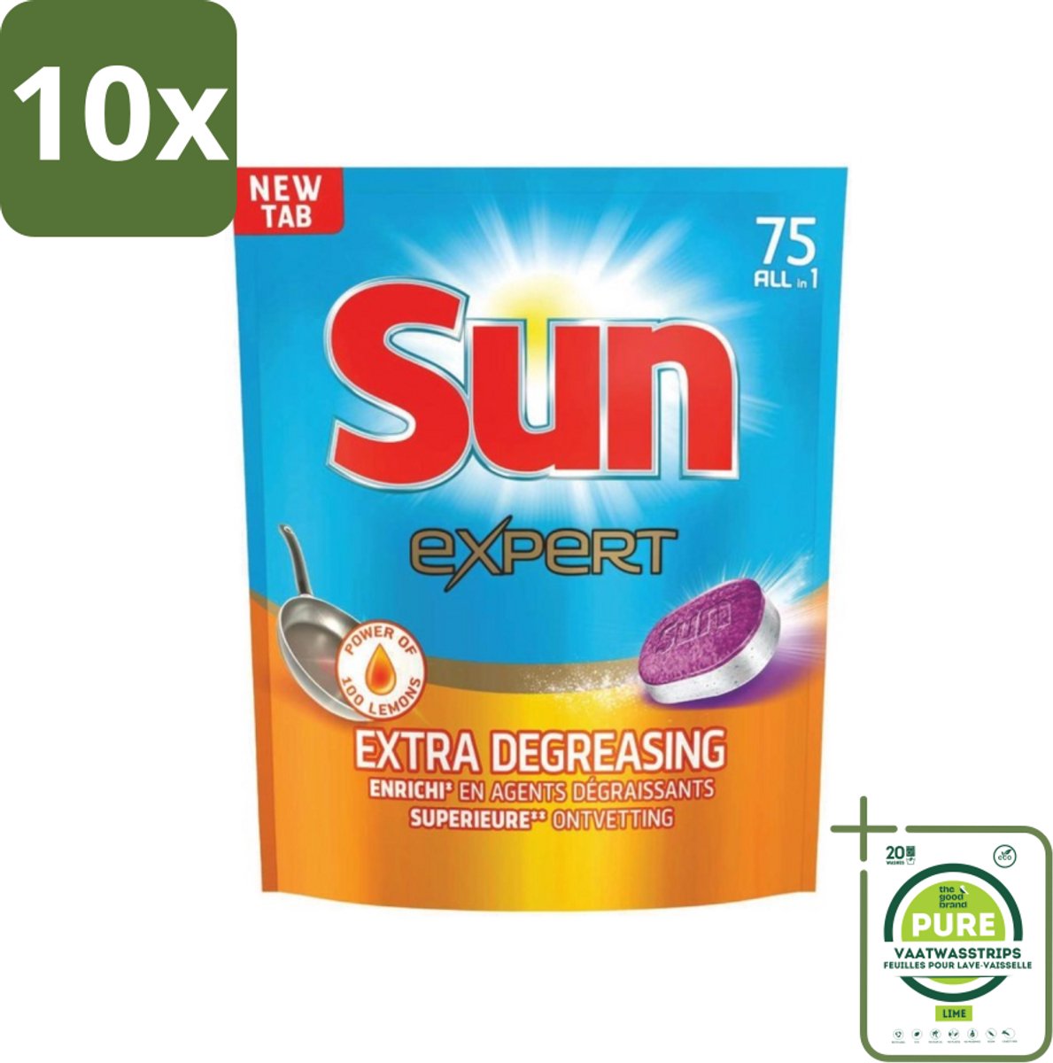 10 x Sun Expert - All-in-1 - Vaatwastabletten - Extra Ontvettend - 75 Tabletten - Grootverpakking - Vaatwastabletten - Vaatwasser - Ontvettende - Vaatwasmiddel - Spoelglans