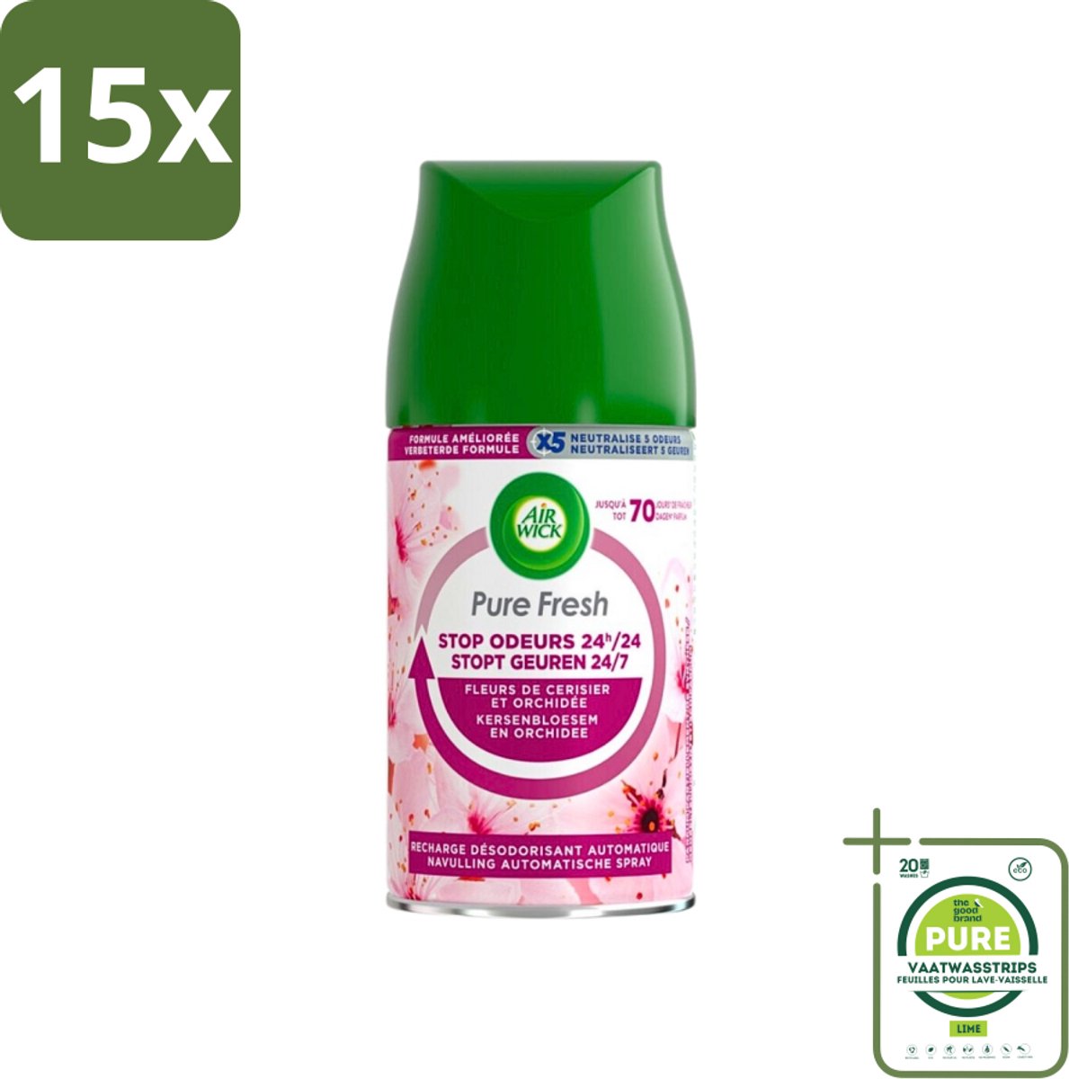 15 x Air Wick Freshmatic Max Pure Fresh Cherry Blossom & Orchid 250 ml - Grootverpakking - Luchtverfrisser - Geurverspreider - Aziatische Kersenbloesem - Air Wick Freshmatic - Navulling