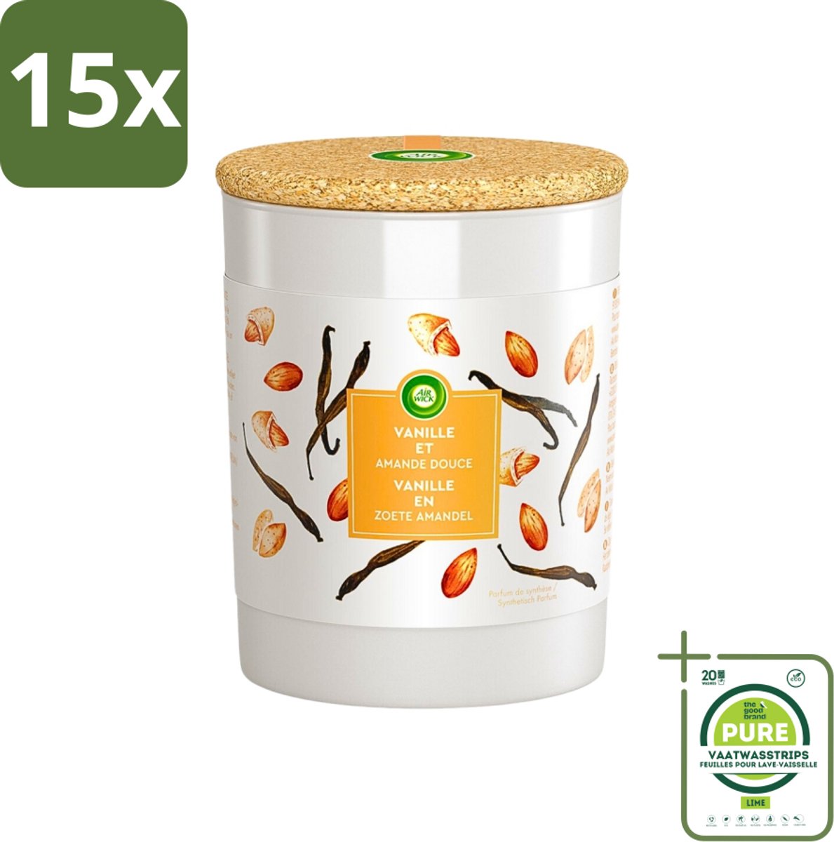 15 x Air Wick - Geurkaars - Vanille & Zoete Amandel - 35 Uur Brandduur - Grootverpakking - Geurkaars - Vanille Geur - Amandel Geur - Sfeerkaars - Air Wick