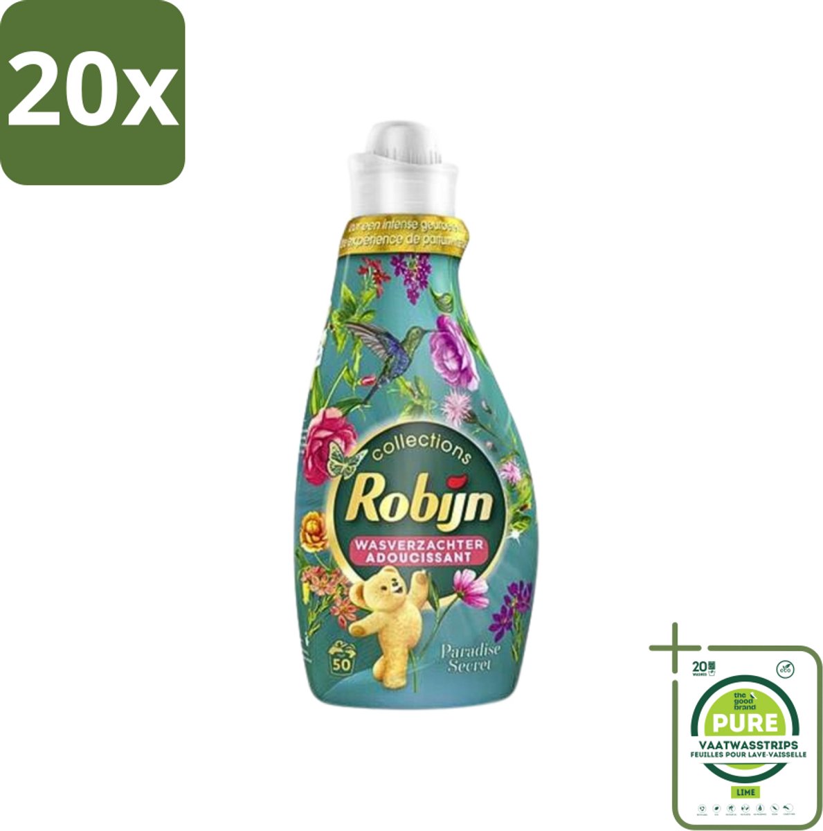 20 x Robijn Collections - Wasverzachter - Paradise Secret - 1,25L - 50 Wasbeurten - Grootverpakking - Wasverzachter - Wasparfum - Zijdezacht - Luxe Was - Botanische Wasverzachter