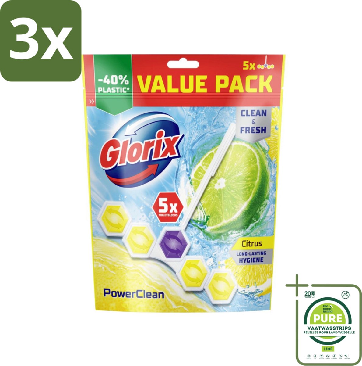 3 x Glorix - Power Clean - Toiletblok - Citrus - Hersluitbare Verpakking - 5 Blokken - Grootverpakking - Toilet Schoonmaak - Toiletblok - Toilet Reiniging - Citrus Geur - Kalk Verwijderaar