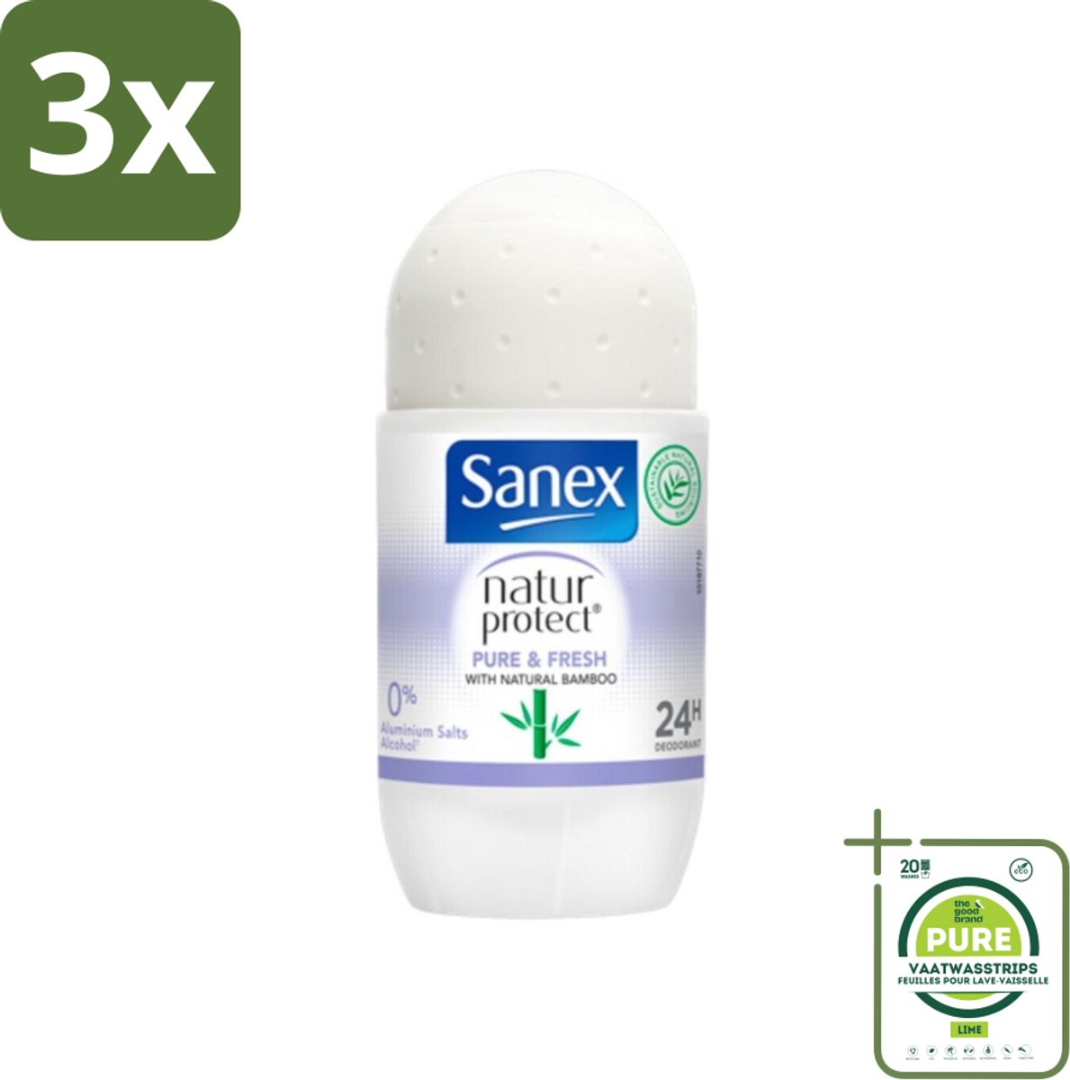 3 x Sanex Natur Protect - Deodorant Roller - Puur & Fris - Met Nattuurlijke Bamboo - 50 ml - Grootverpakking - Sanex Deodorant - Natuurlijke Deodorant - Bamboe Deodorant - Aluminiumvrije Deodorant - Alcoholvrije Deodorant