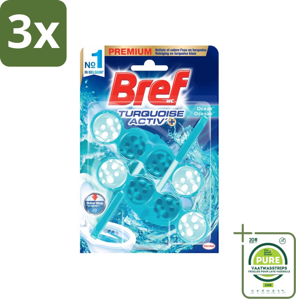 3 x Bref WC - Turquoise Activ+ - Toiletblok - Oceaan - 2 Blokken - Grootverpakking - Toiletblok - Toilet Fris - Oceaan Geur - Wc Reiniging - Anti-kalk