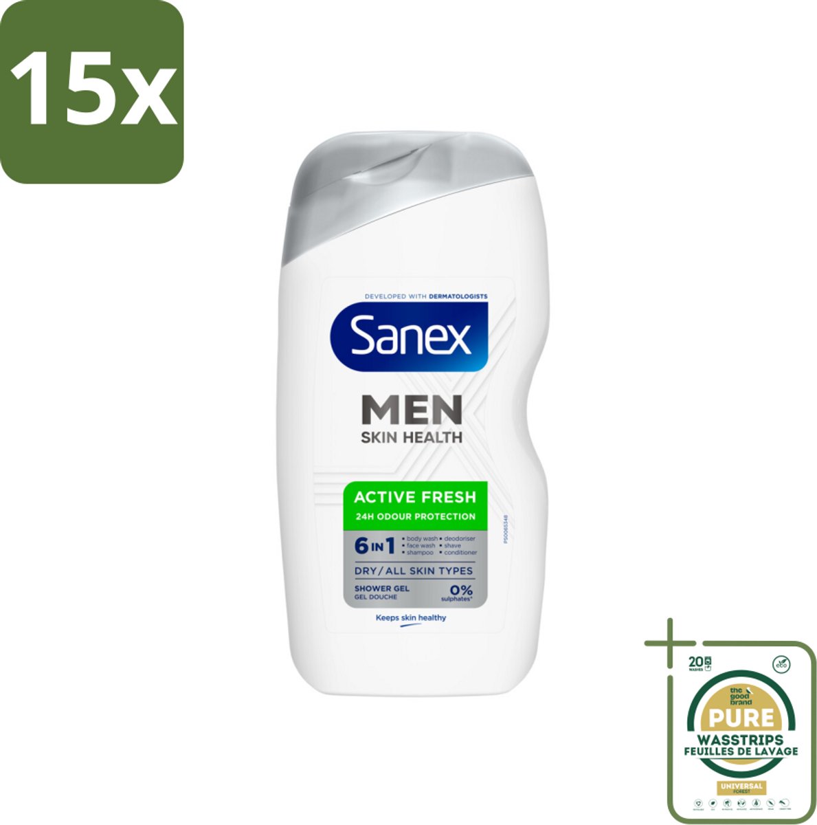 15 x Sanex – Douchegel – Men Active Fresh – 400 ml - Grootverpakking - Kabel - Kabels - Kabelsysteem - Kabelsysteem