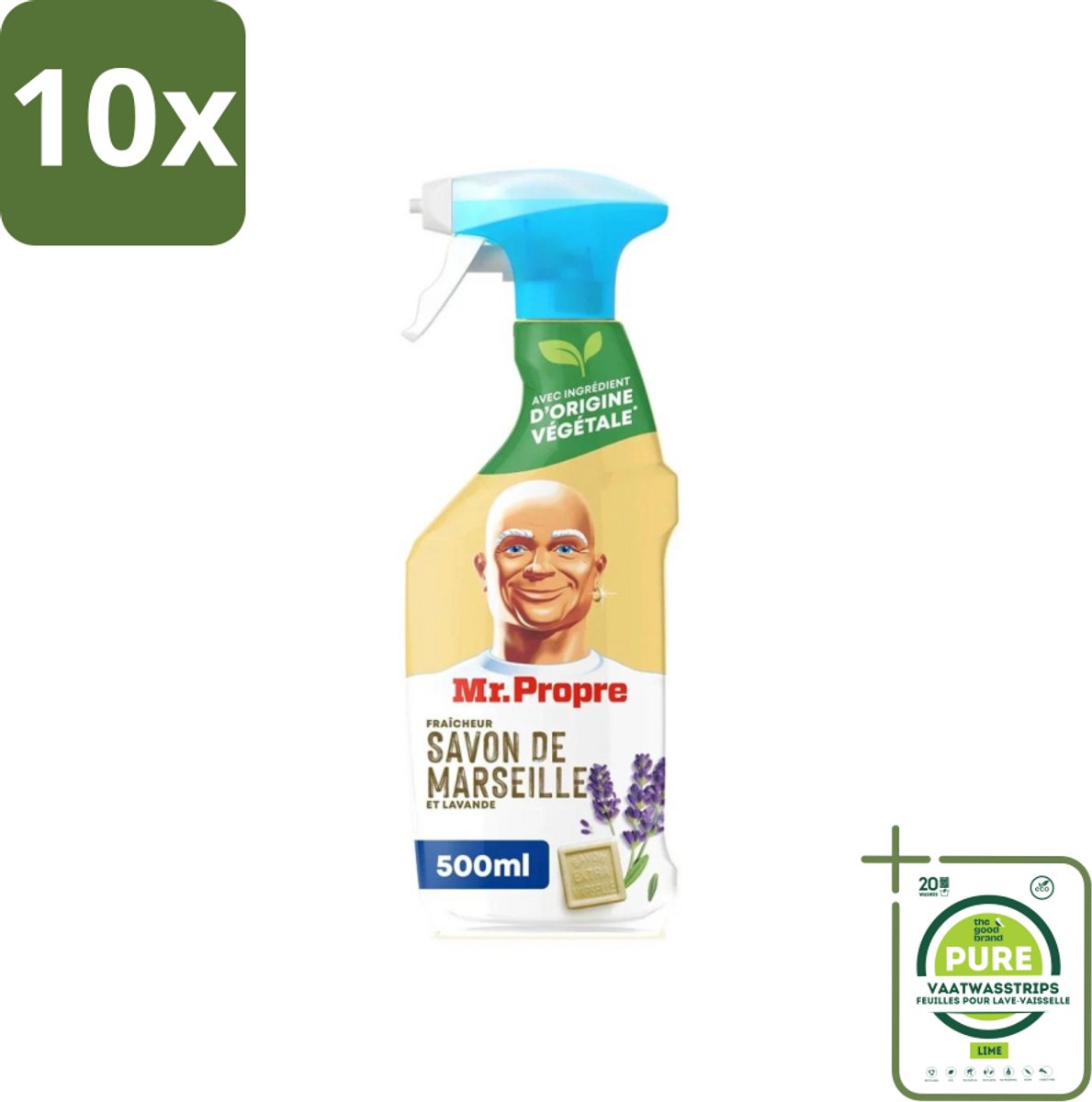 10 x Mr. Proper - Allesreiniger Spray - Marseille zeep en Lavendel - Natuurlijke ingrediënten - 500 ml - Grootverpakking - Allesreiniger - Schoonmaakspray - Marseille Zeep - Lavendelgeur - Keukenreiniger