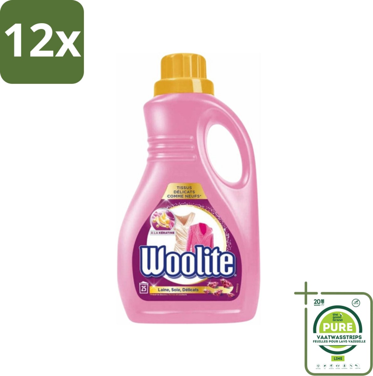 Woolite Delicate - Vloeibaar Wasmiddel - Met Keratine - Wol, Zijde & Fijne Was - 25 Wasbeurten - 1,5L - Voordeelverpakking - 12 stuks - Wolwasmiddel - Zijdewasmiddel