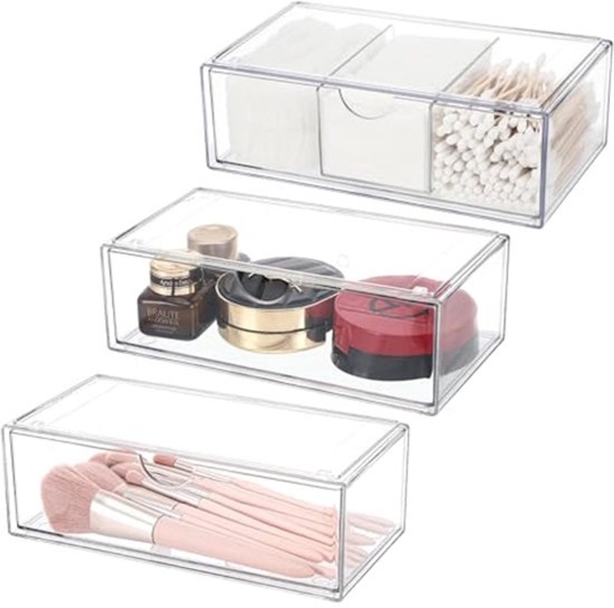 3-delige transparante cosmetica-organizer set voor badkamer en bureau