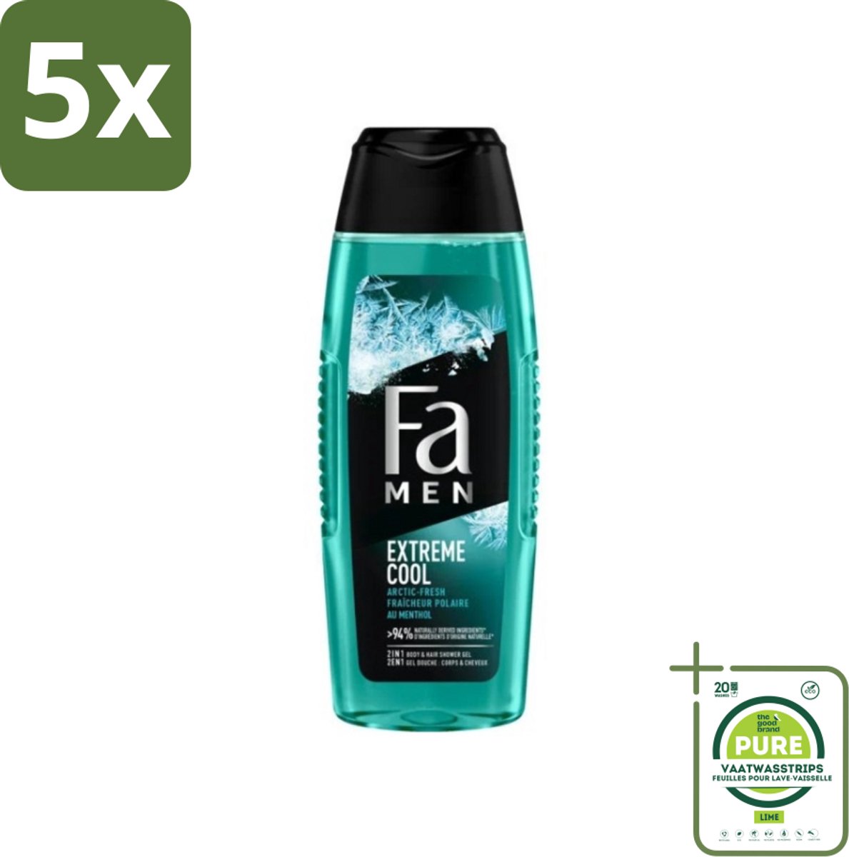 5 x Fa Men Douchegel en Shampoo Extreme Cool 250 ml - Grootverpakking - Douchegel - Shampoo - Mannen - Verfrissend - Menthol