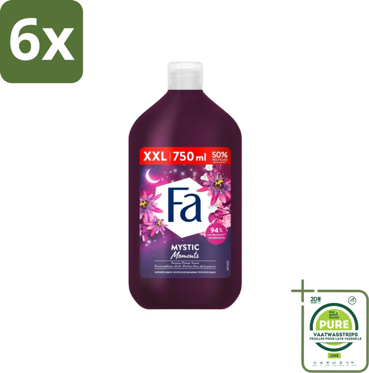 Fa - Mystic Moments - Bad- & Douchegel - Passiebloem - 750 ml - Voordeelverpakking - 6 stuks - Badgel - Douchegel