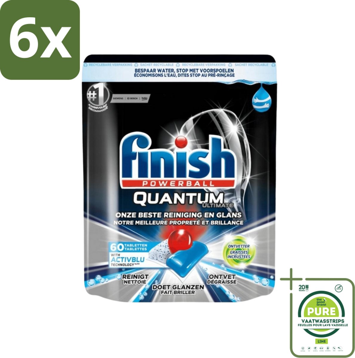 Finish Powerball - Quantum Ultimate - Vaatwastabletten - Ontvetter - 60 Tabletten - Voordeelverpakking - 6 stuks - Vaatwastabletten - Vaatwasser tabletten