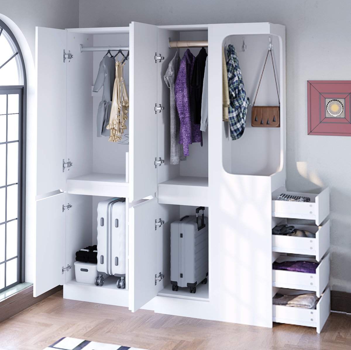 Wishdor Kledingkast - Open hanggedeelte en laden - Dubbeldeur en enkele deur - Scandinavisch - Woonkamer slaapkamer hal - Hout wit - 140 x 40 x 170 cm