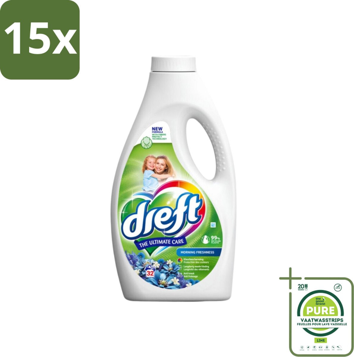 15 x Dreft Vloeibaar Wasmiddel Ochtendfris 32 Wasbeurten 1,4 liter - Grootverpakking - Wasmiddel - Gekleurde Was - Wasverzachter - Frisse Geur - Kleurbescherming