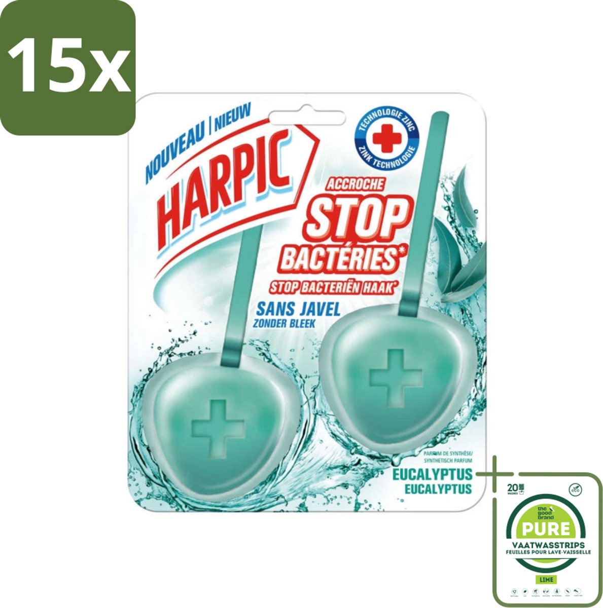 15 x Harpic - Toiletblok - Eucalyptus - Zonder Bleek - 2 Blokjes - Grootverpakking - Toilet Schoonmaak - Toiletblok - Kalk Verwijderaar - Eucalyptus Geur - Hygiënisch Toilet