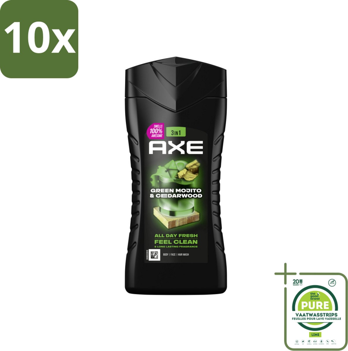 10 x Axe - 3-in-1 Douchegel - Wild Mojito & Cedarwood - 12hrs Long Lasting Scent - 250 ml - Grootverpakking - Douchegel - Deodorant - Axe - Wild Mojito - Cedarwood