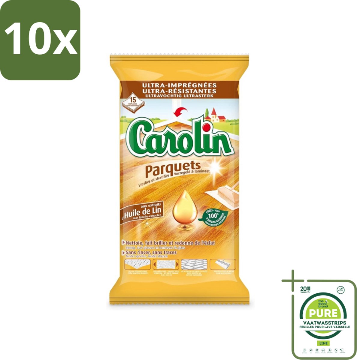 10 x Carolin - Parket Vloerdoekjes - Schoonmaakdoek - Met Lijnolie - 15 Doekjes - Grootverpakking - Parketvloer Schoonmaken - Parketonderhoud - Vloerdoekjes - Lijnolie - Parketglans
