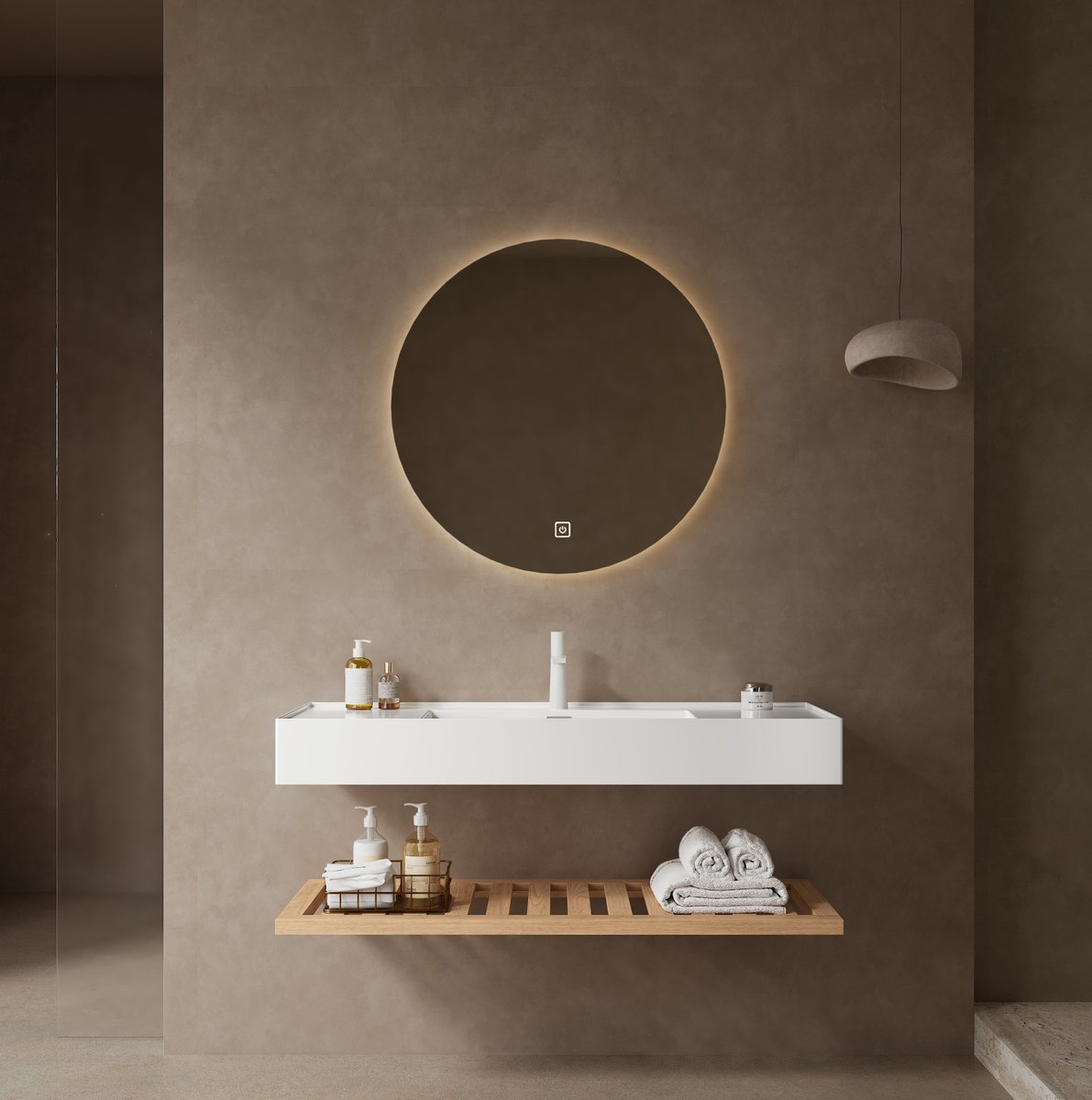 OKWISH Badkamer Wastafelmeubel 120 cm Wandhangend Met Rechthoekige Hars Wastafel En Natuurlijke Houtnerf Voor Moderne Badkamer Wit